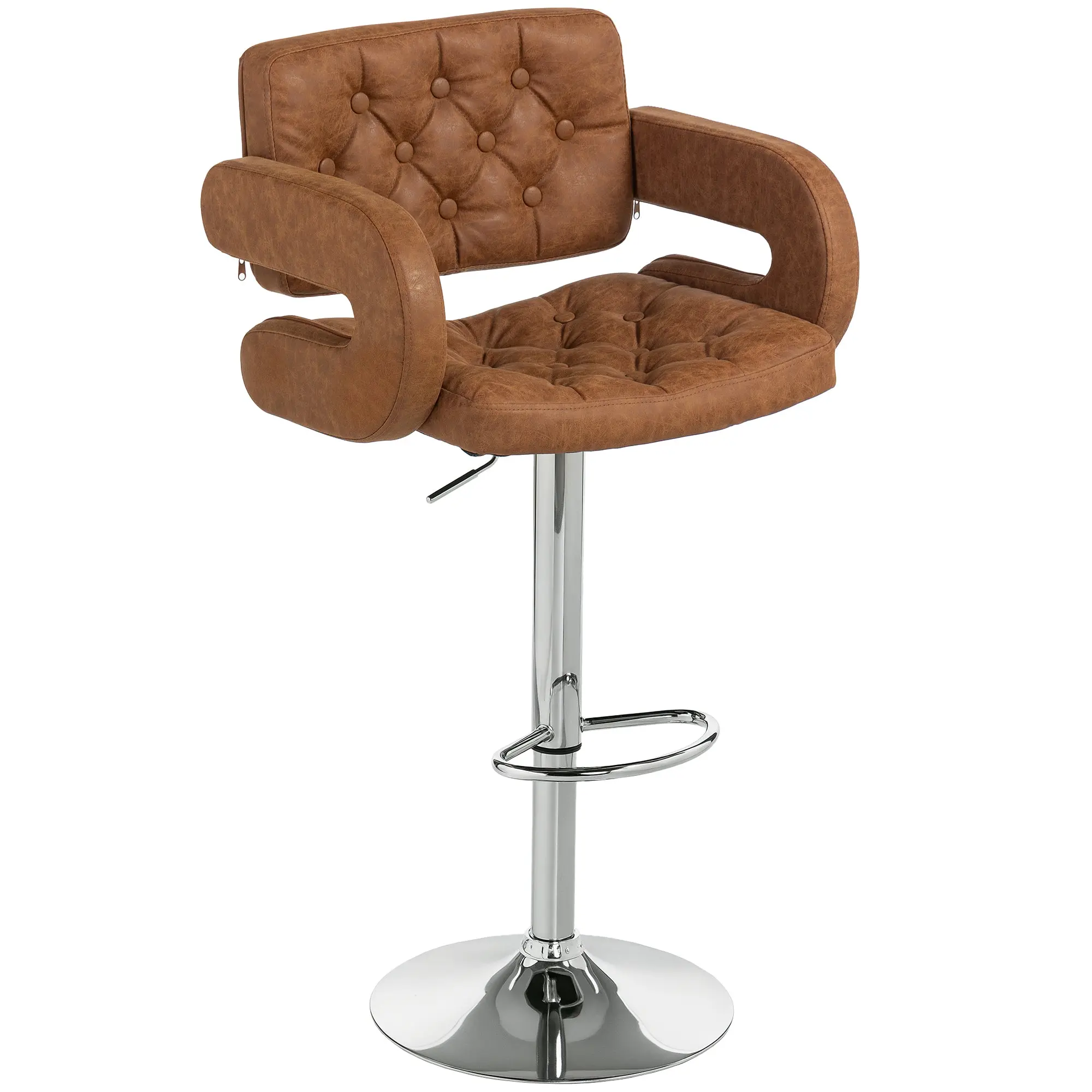 Adjustable Bar Stool, PU Swivel Counter Stool with Backrest, Footrest & Armrests, Padded Seat, Steel Frame, Brown