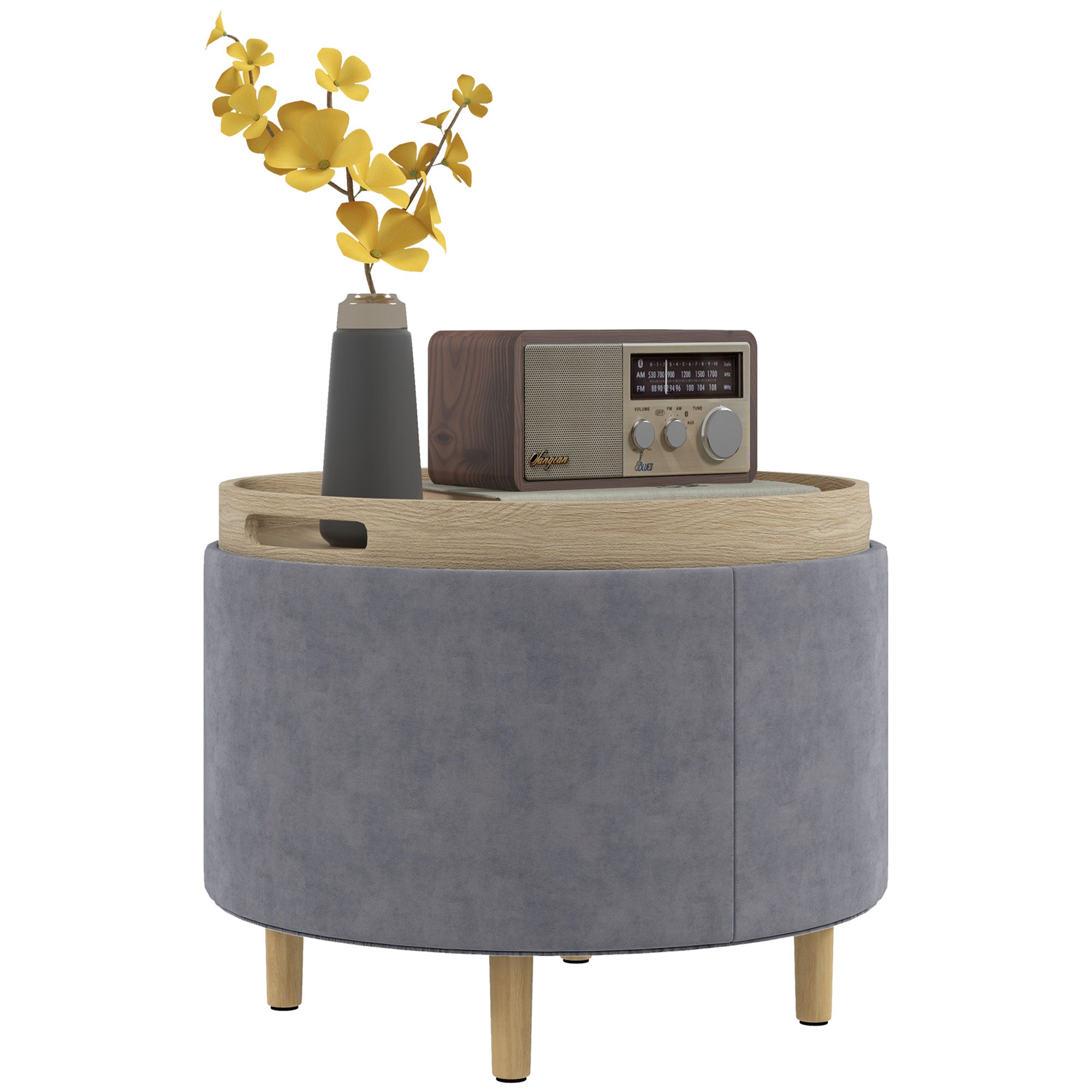 HOMCOM 120kg Maximális Teherbírású Velúr Tároló Puff, Fordítható Tálcával, MDF és Tölgy Kávézóasztal Rejtett Tárolóval, 56x56x42 cm, Szürke