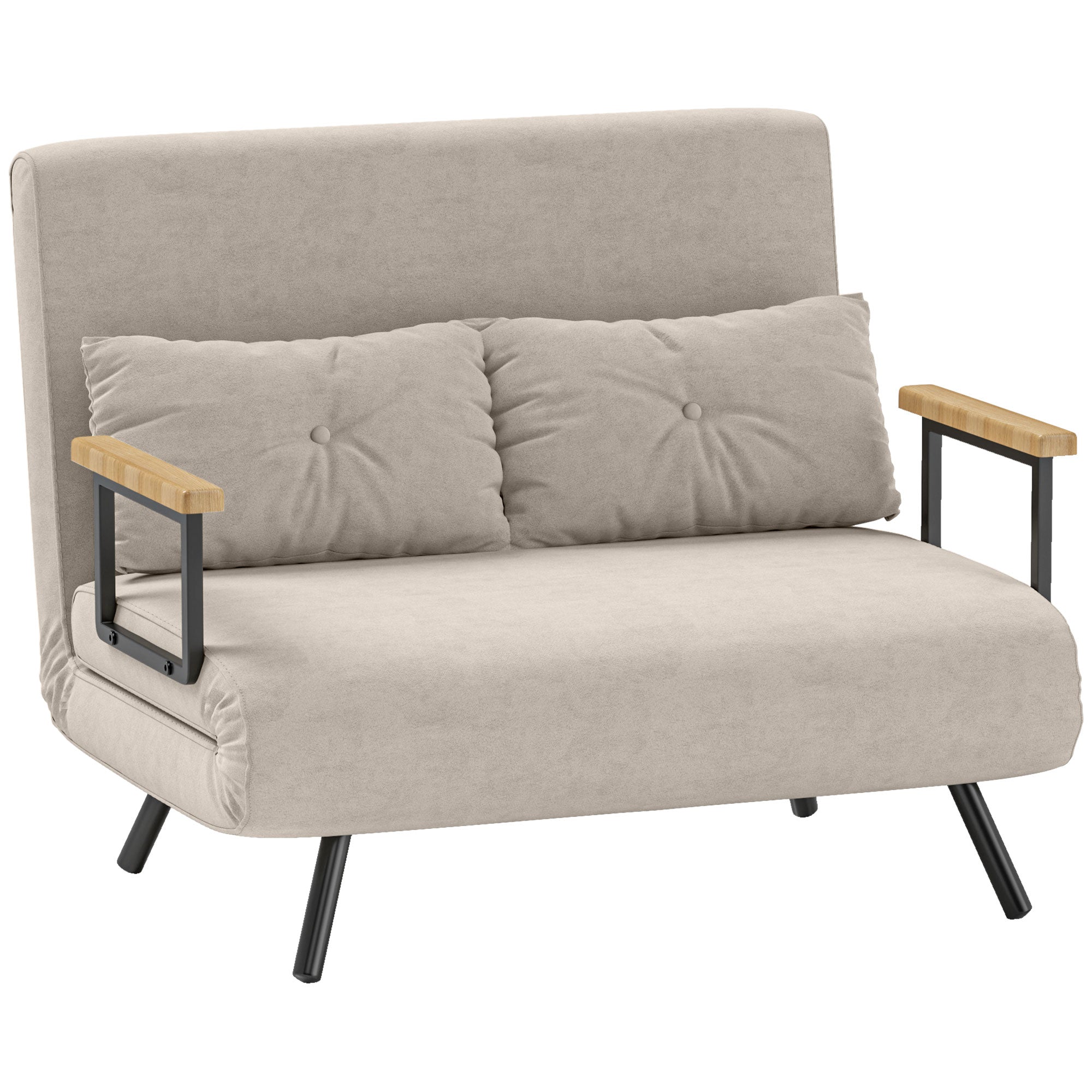 HOMCOM 2-Sëtzer Schlofsofa mat 5-Positionen verstellbarem Réckest, Ausklappbare Doppelbett mat 2 Këssen fir de Wunnzëmmer, Gepolstert Stoff, Stol a Holz, 102x73x81 cm, Crème