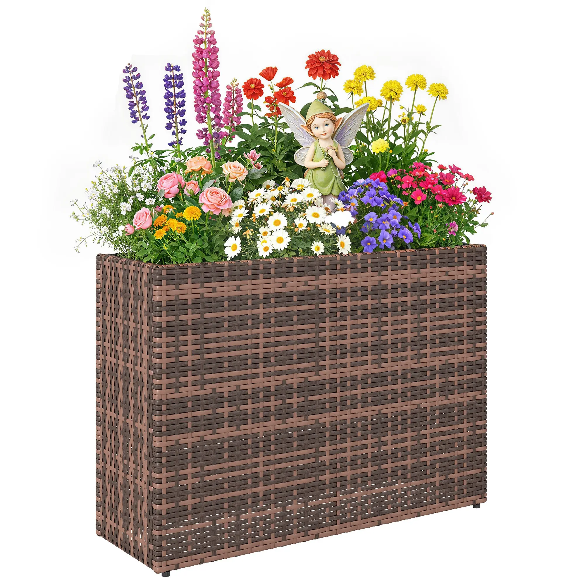 Raised Planter with Adjustable Feet for Terrace & Balcony — PE Rattan, Freestanding Steel Frame with Removable Liner, Brown