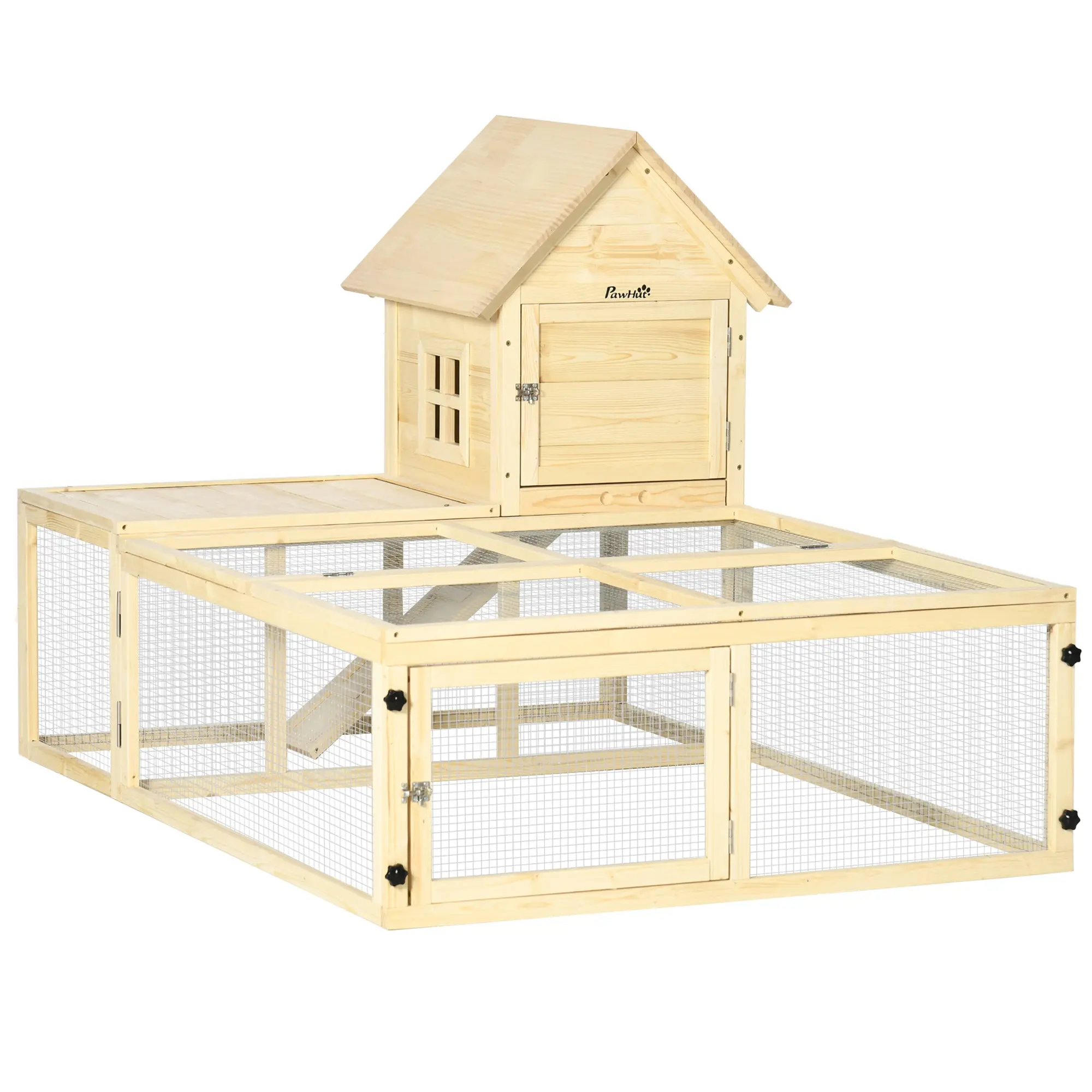 Wooden Rabbit Hutch Enclosure Pet Villa 2 Levels with Running Area Ramp and Lockable Doors 151.5 x 106 x 97 cm