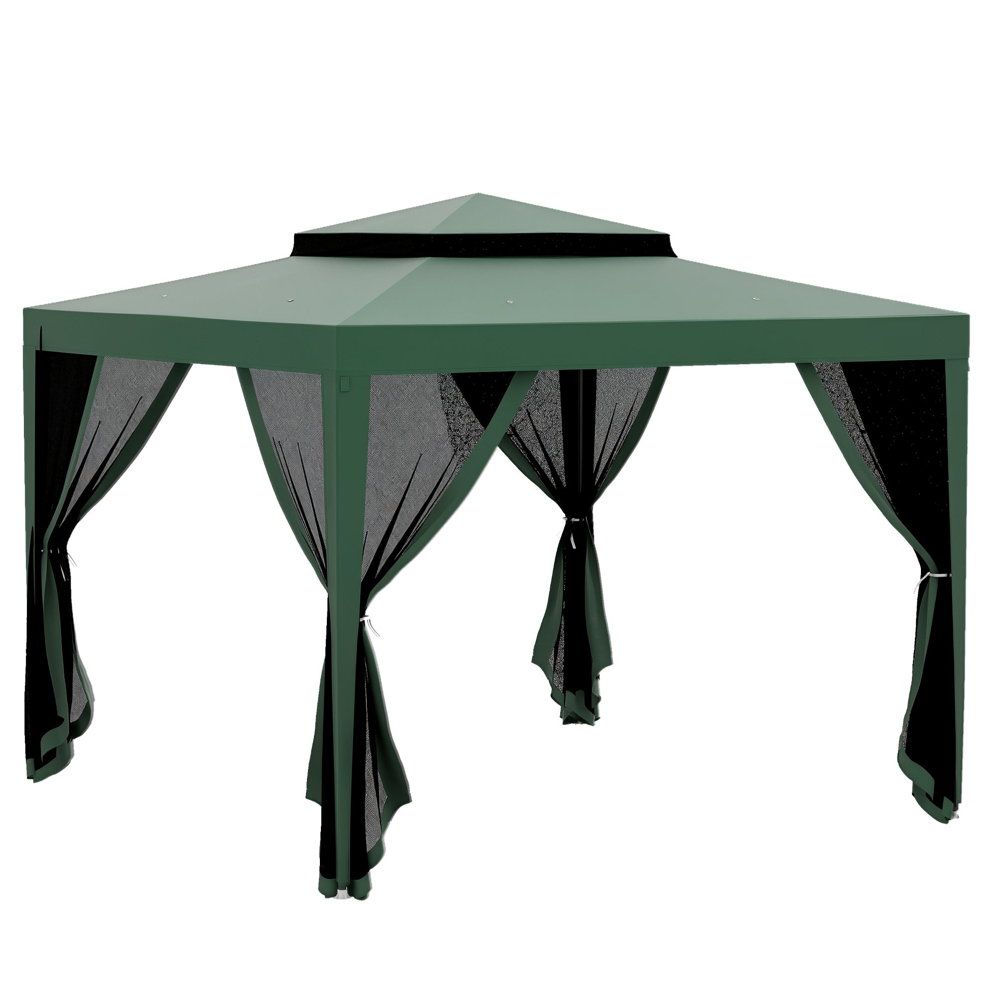 Outsunny Have Gazebo 3x3m Udendørs Markise med 4 Aftagelige Myggenet Gardiner Dobbelt Tag Metalramme Anti-UV Vandtæt Pavillon til Terrasse Grøn