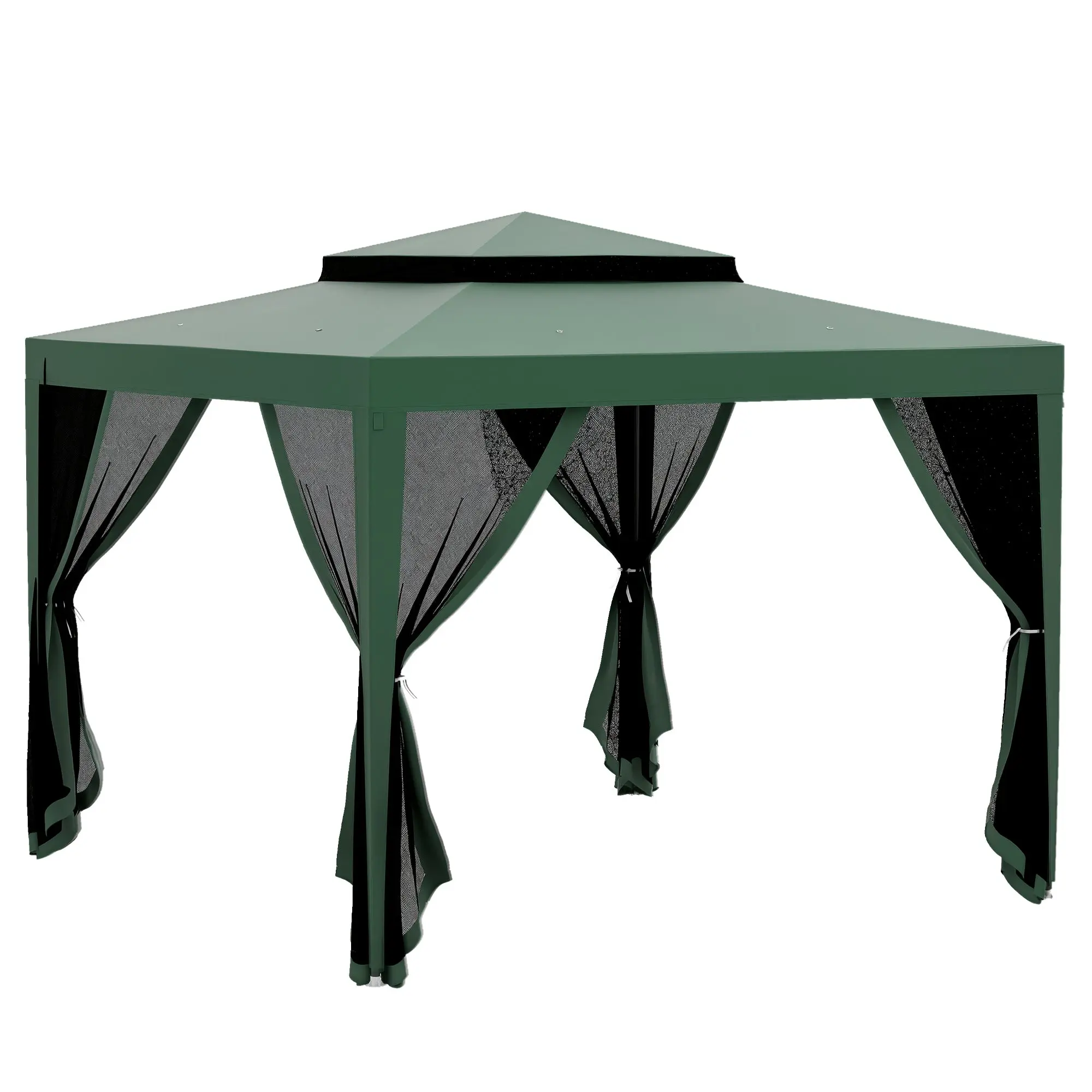 Garden Gazebo 3x3m Outdoor Canopy with 4 Removable Mosquito Net Curtains Double Roof Metal Frame Anti-UV Waterproof Pavilion for Patio Green