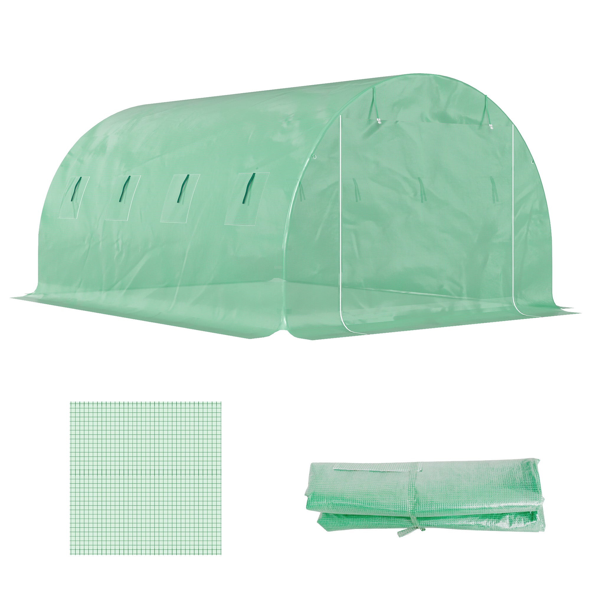 Outsunny Ersatzfolie für Garten-Tunnelgewächshaus 12 m², Folie 4 x 3 x 2 m PE Anti-UV wasserdicht 8 Fenster + aufrollbare Reißverschlusstür Grün