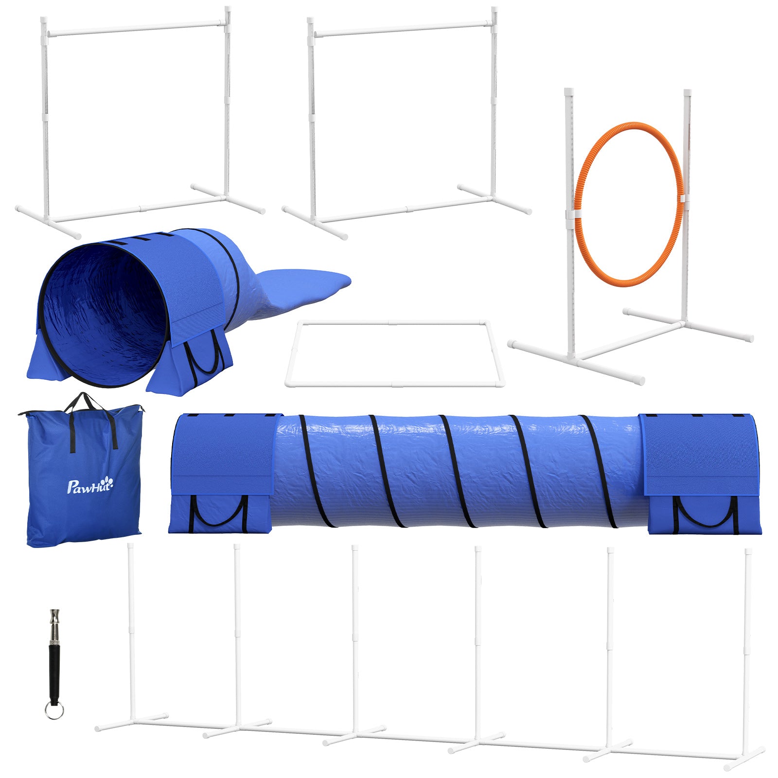 Dog Agility Set, 7-Piece Dog Training Set with Adjustable Agility Hurdles, Weave Poles, Pause Box, Tunnel, Jump Ring, Stick Hurdle Set Including Whistle, Carry Bag