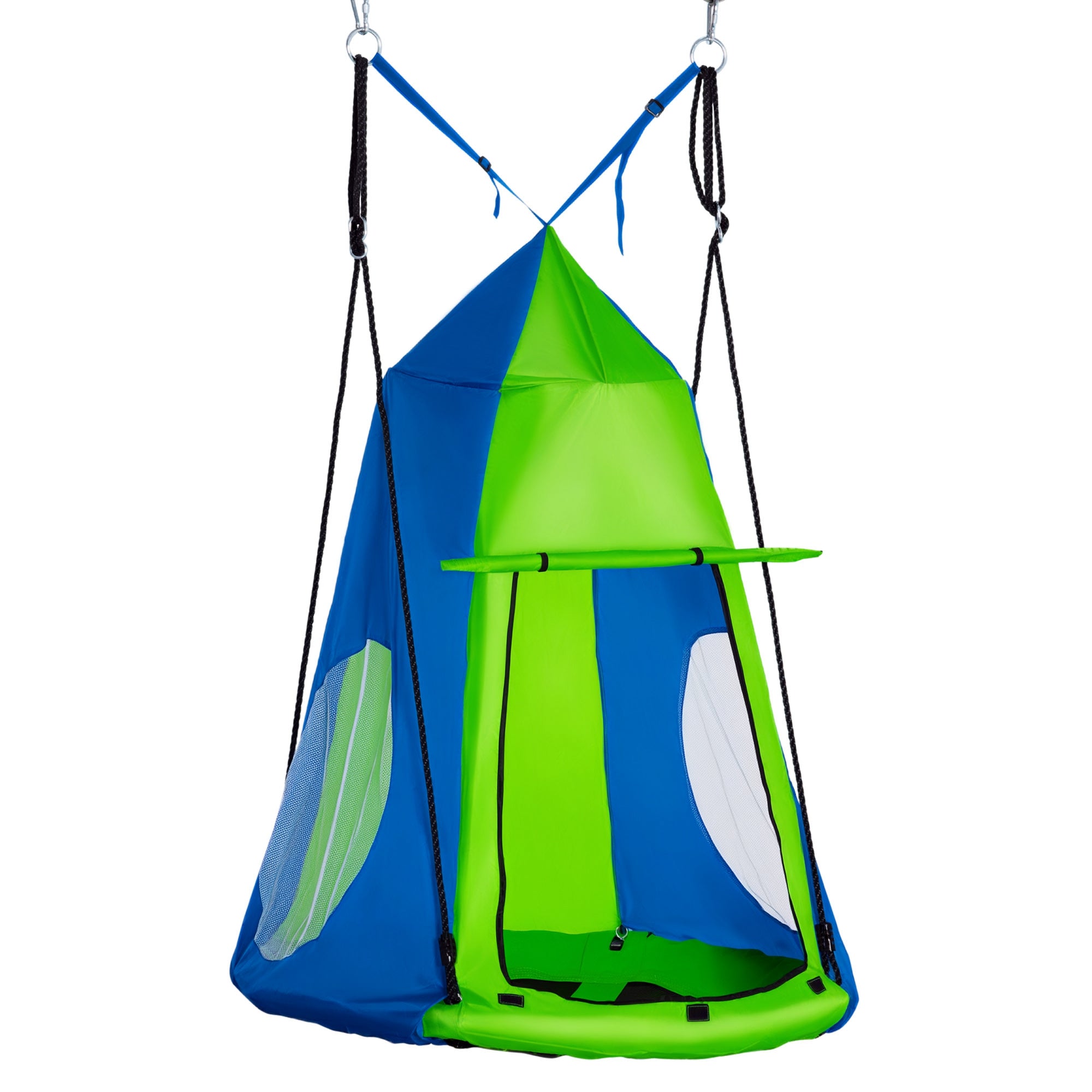 Round Bird's Nest Swing with Removable Tent ? 100 cm 4 Rings Included Epoxy Metal High-Density Oxford - Green and Blue
