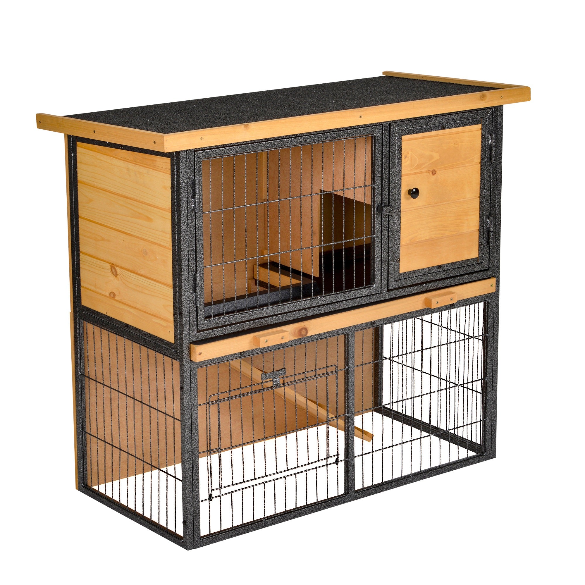 PawHut Buiten Houten Konijnenhok Kleine Dierenkooi 2 Niveaus met Ramp Verwijderbare Lade Slotbare Deuren 89,5x45x81 cm Hout en Grijs