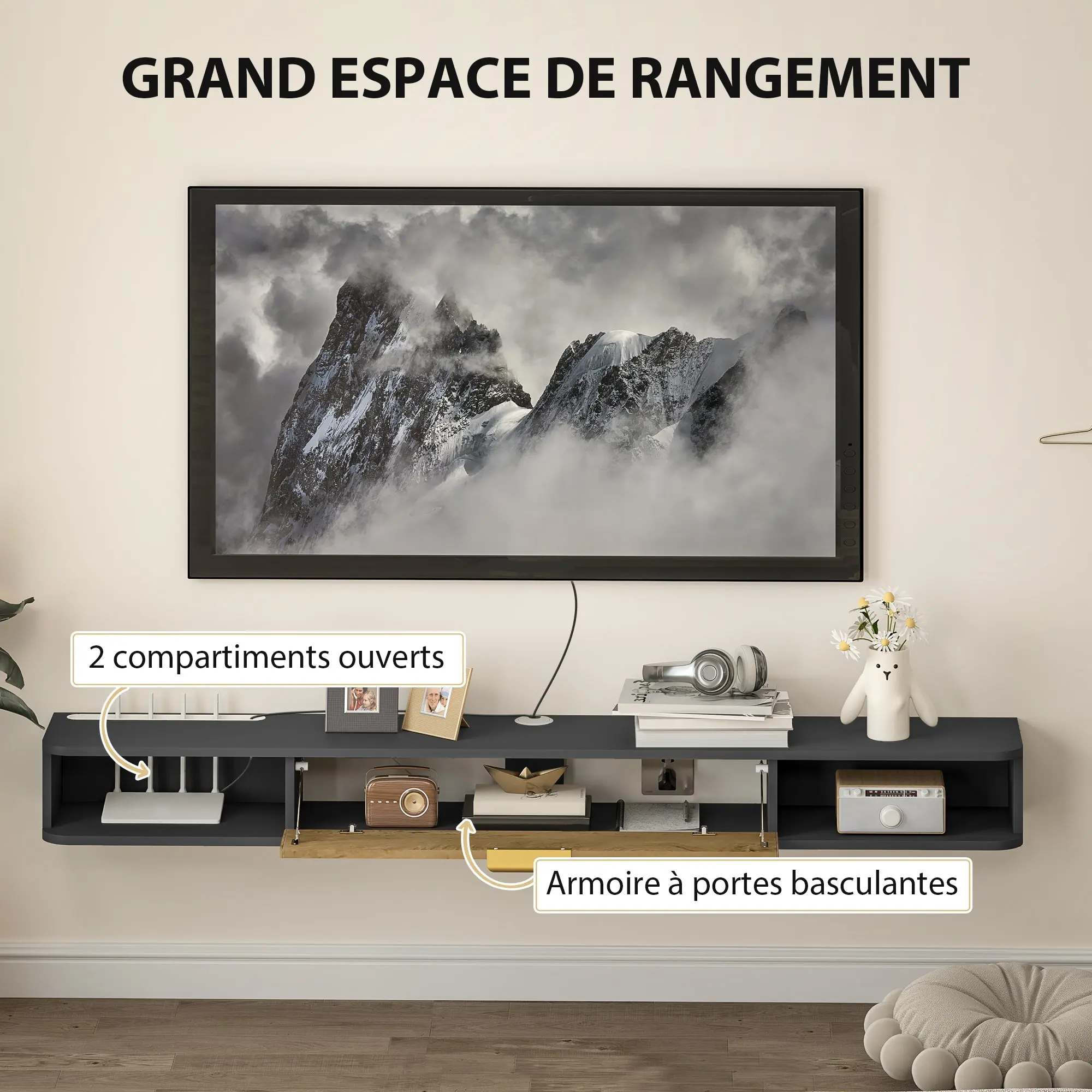 Wall-Mounted TV Stand Wooden TV Cabinet Wall TV Unit with Open Compartments, Lift-Up Door, and Cable Management, for Living Room Bedroom, 160 x 24 x 16 cm, Gray