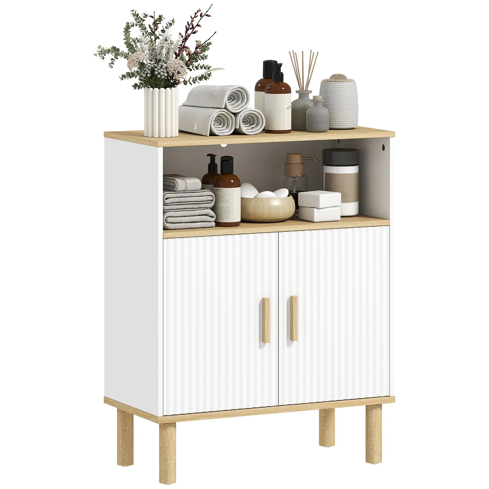 Bathroom Cabinet, 2-Door Storage Cabinet with Open Compartment and Adjustable Shelf, 23.6" x 11.6" x 30.1", White & Natural Wood