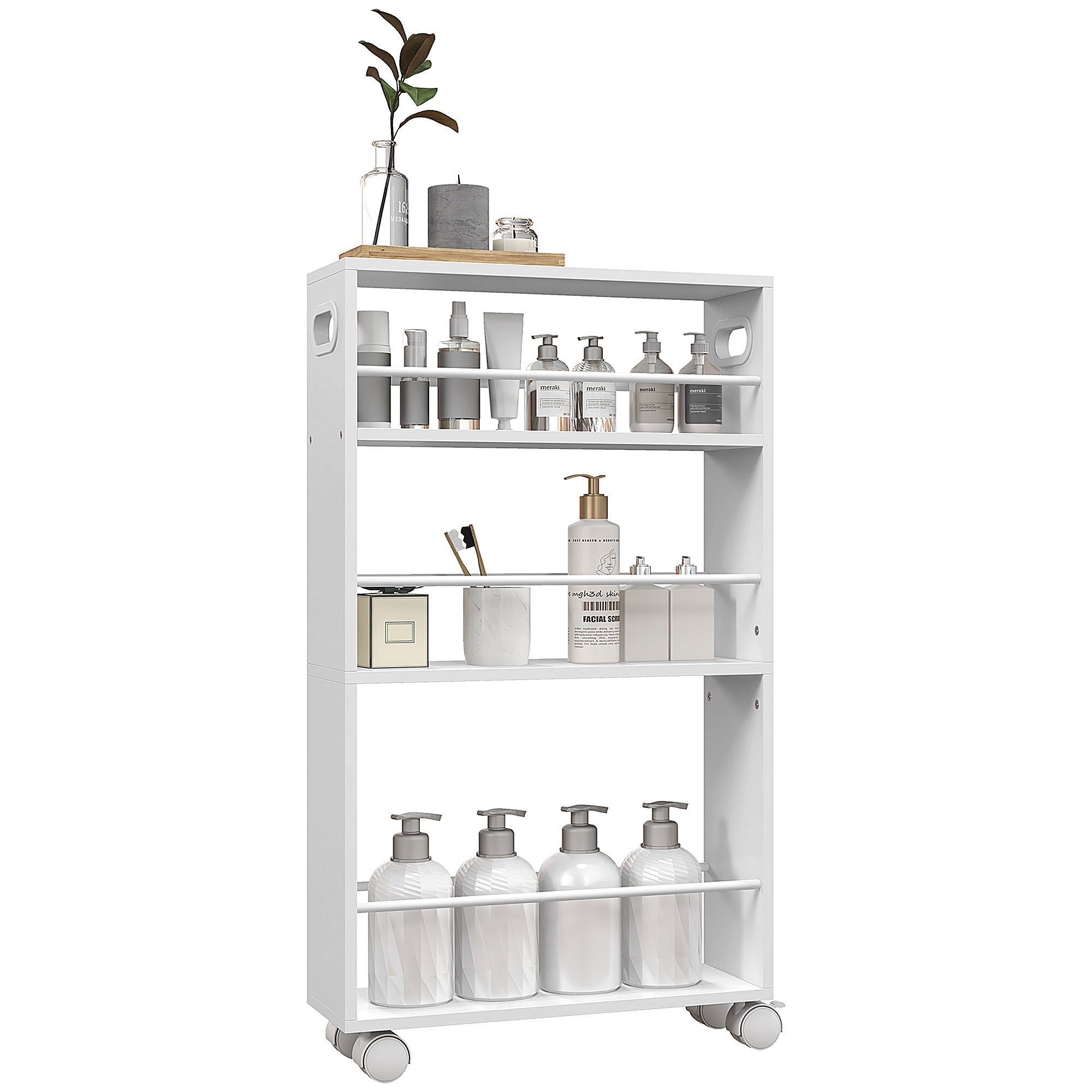 HOMCOM Küchenwagen mit 3 Regalen und Seitenstützen sowie Griffen für Esszimmer und Badezimmer 45x15x80 cm Weiß