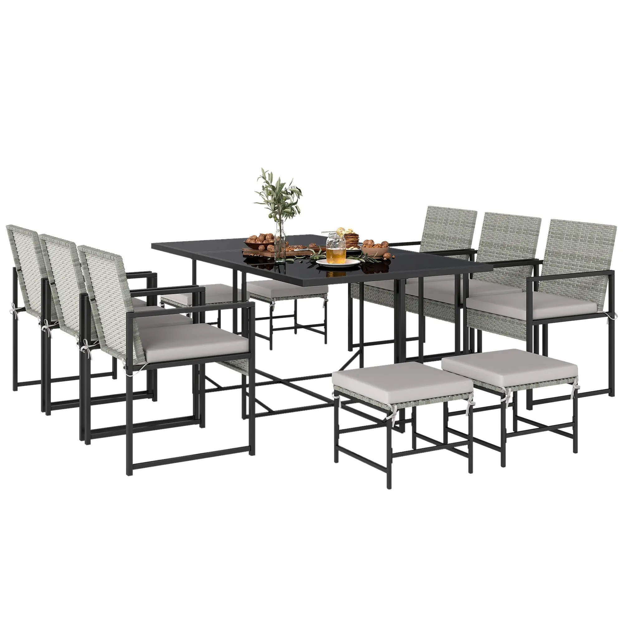 11-Piece Outdoor Rattan Dining Set with Tempered Glass Table, 6 Armchairs, 4 Stools, Removable Washable Cushions, Steel Frame — for Patio & Balcony, Light Gray