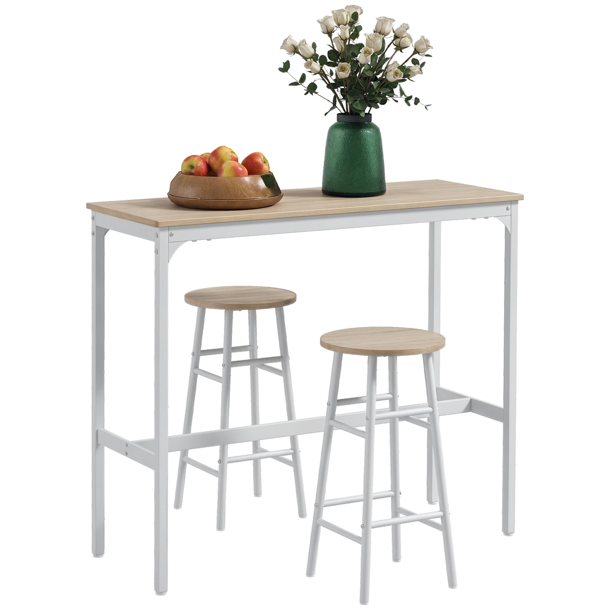 HOMCOM Hochbar Tisch Set mit 2 Hockern - Hochküchentisch im Industrie-Stil mit Stahlrahmen für das Esszimmer in Natur und Weiß