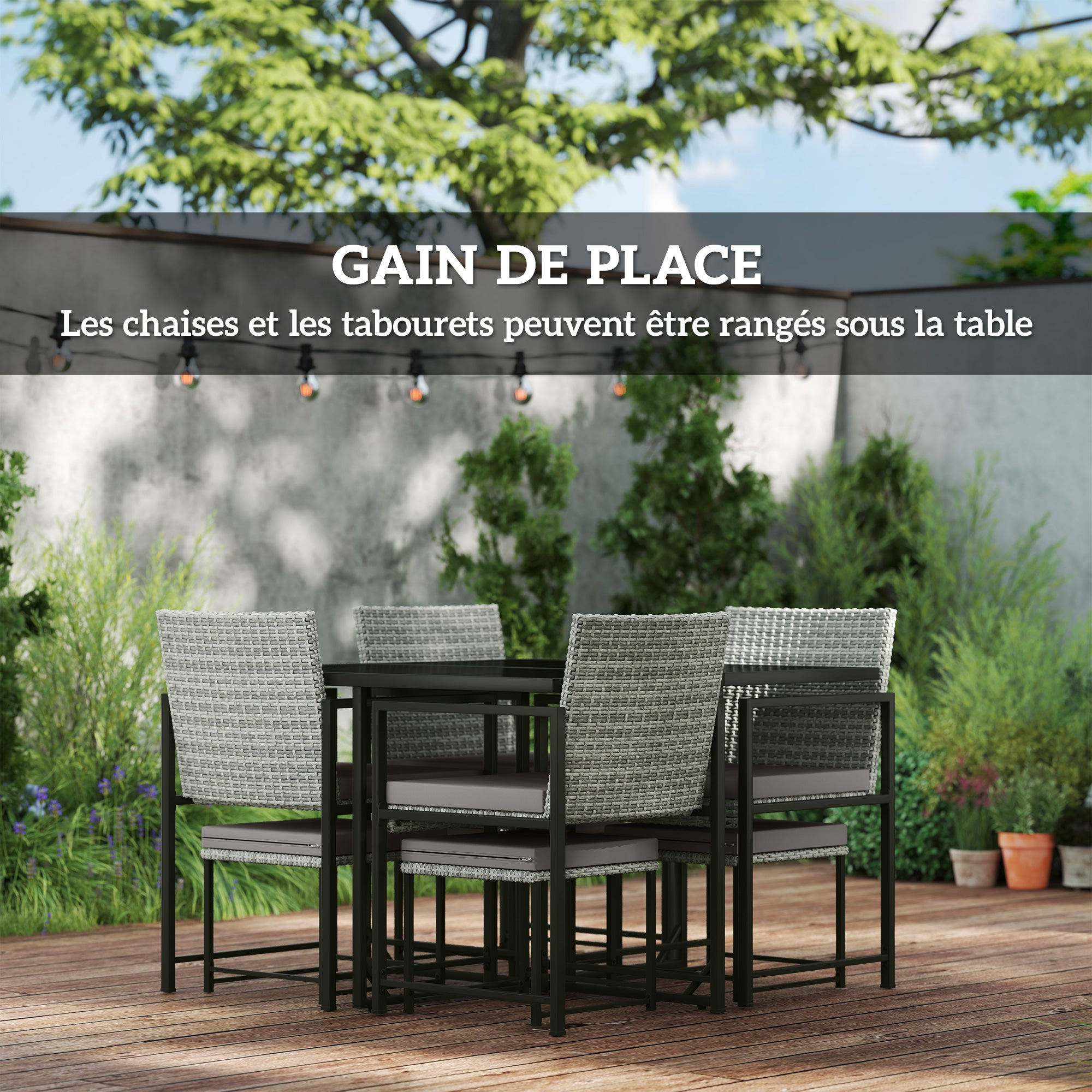 Outsunny 8-Sitzer Outdoor Rattan Gartenmöbel Set, Outdoor Tisch und Stühle mit 4 Armlehnenstühlen, 4 Hockern, Kissen und Tischplatte aus Sicherheitsglas, für Terrasse Patios Balkon, Grau