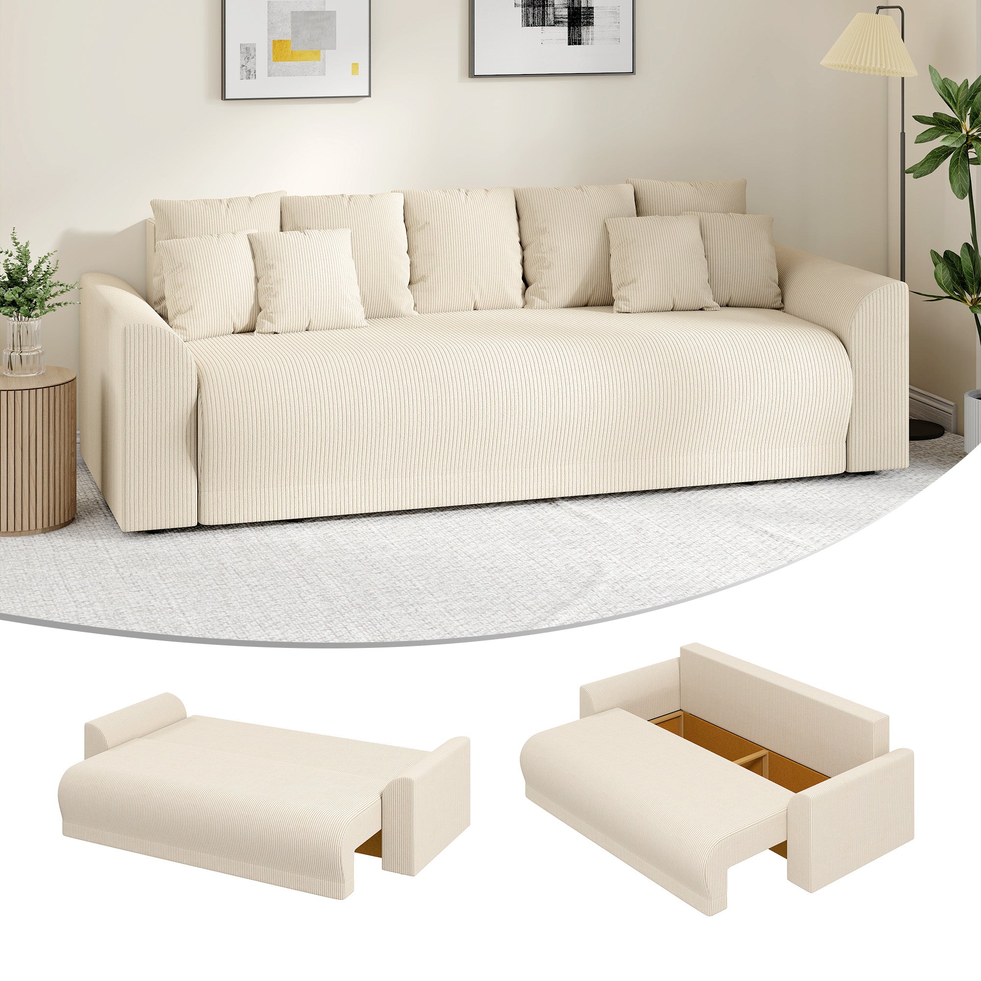 HOMCOM 3‑kohaline diivanvoodi panipaigaga, lai sügav istmeosa & 9 patja, korduroo – beež (muutub 190 x 150 cm voodiks)