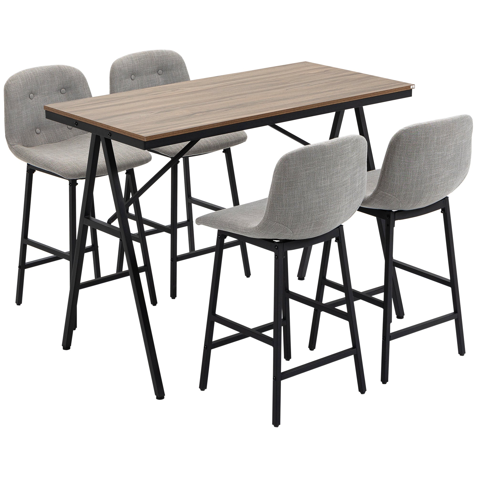HOMCOM Bartisch mit Barhocker-Set, 5-teiliges Esstisch-Set, Küchentisch, Bistro-Tisch mit 4 Stühlen, Bartisch-Set für Küche und Wohnzimmer, Stahl, Helles Grau, 120 x 60 x 91 cm