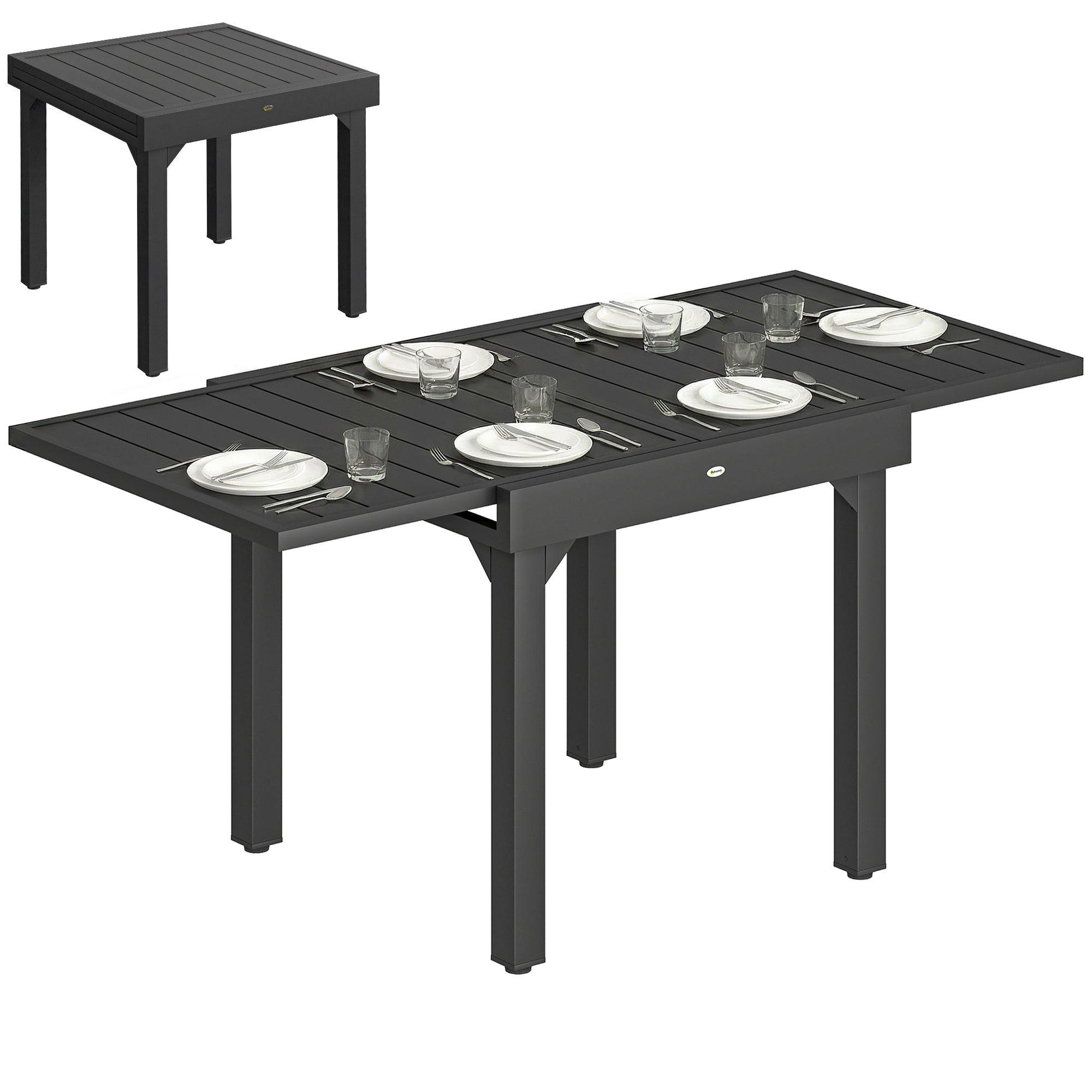 Extendable Garden Dining Table 80-160cm, Outdoor Patio Table with Aluminium Slatted Top, Adjustable Feet, Seats 4-6, Patio/Terrace, Black