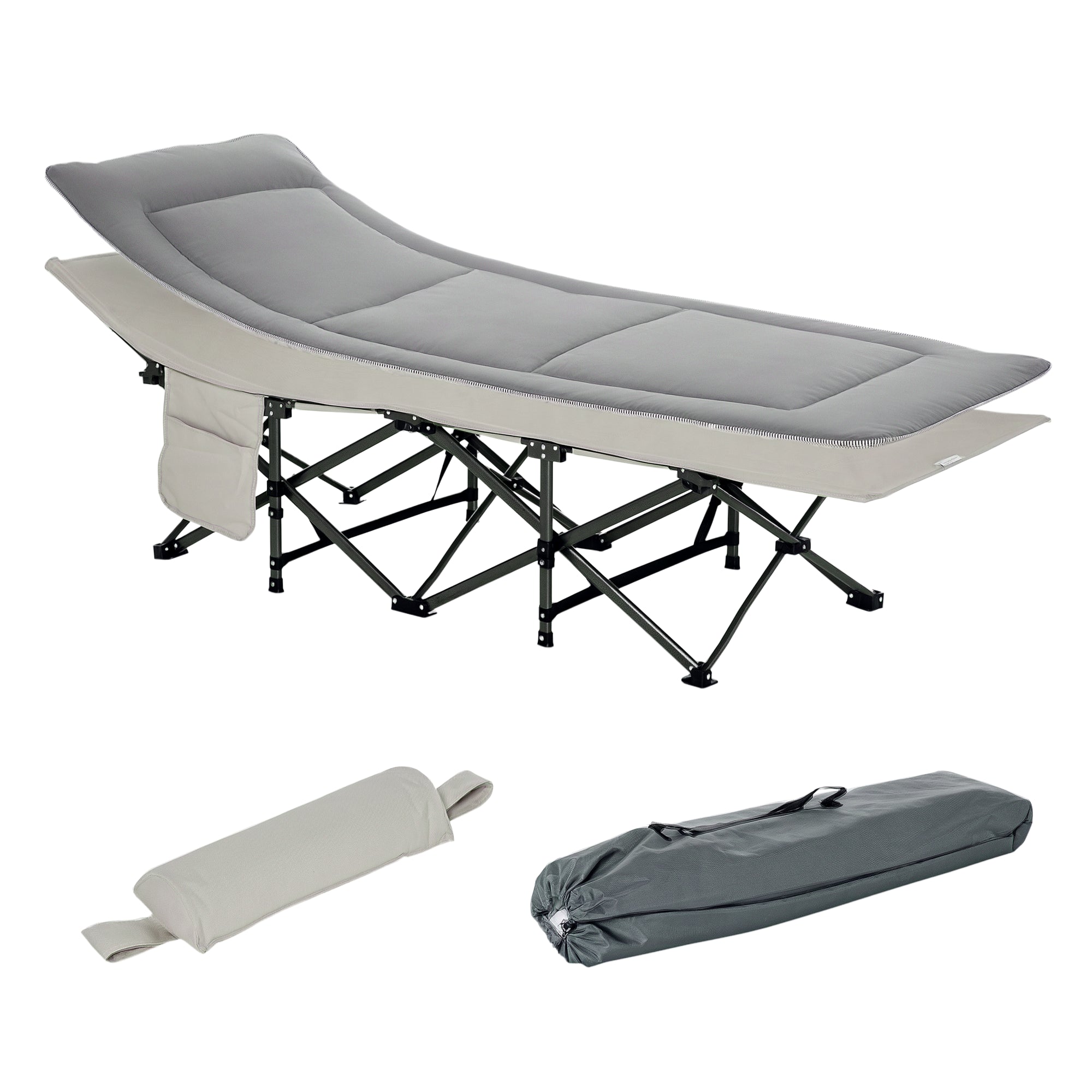 Folding Camping Bed with Mattress Carry Bag 188 x 64.5 x 53 cm Guest Bed up to 150 kg Load Capacity Camp Bed for Adults Folding Bed for Outdoor, Garden Camping Travel Light Grey
