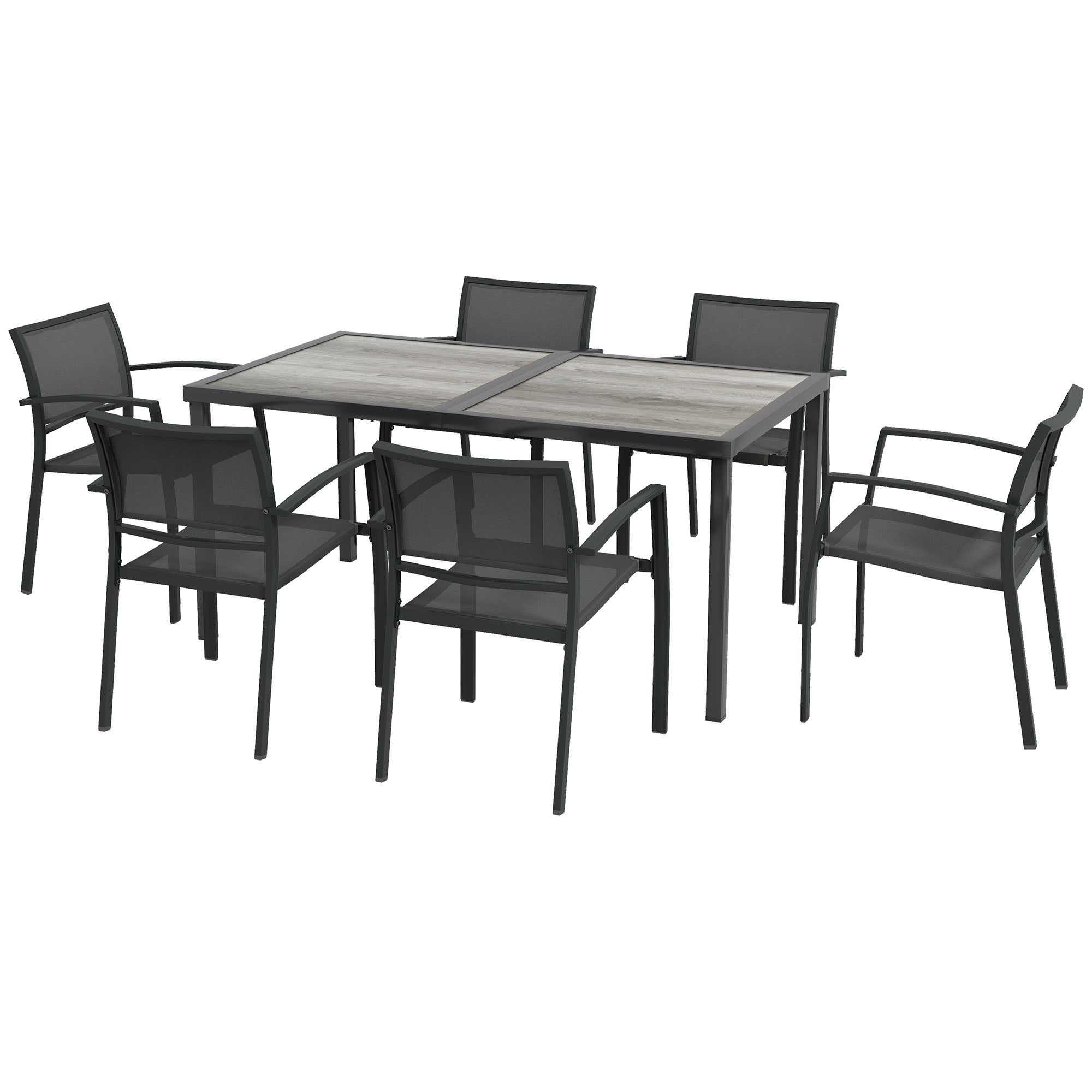 Outsunny Stalen Tuinset 7 Delig Eetset met 1 Tafel en 6 Stapelbare Metalen Epoxy Textilene Donkergrijze Stoelen