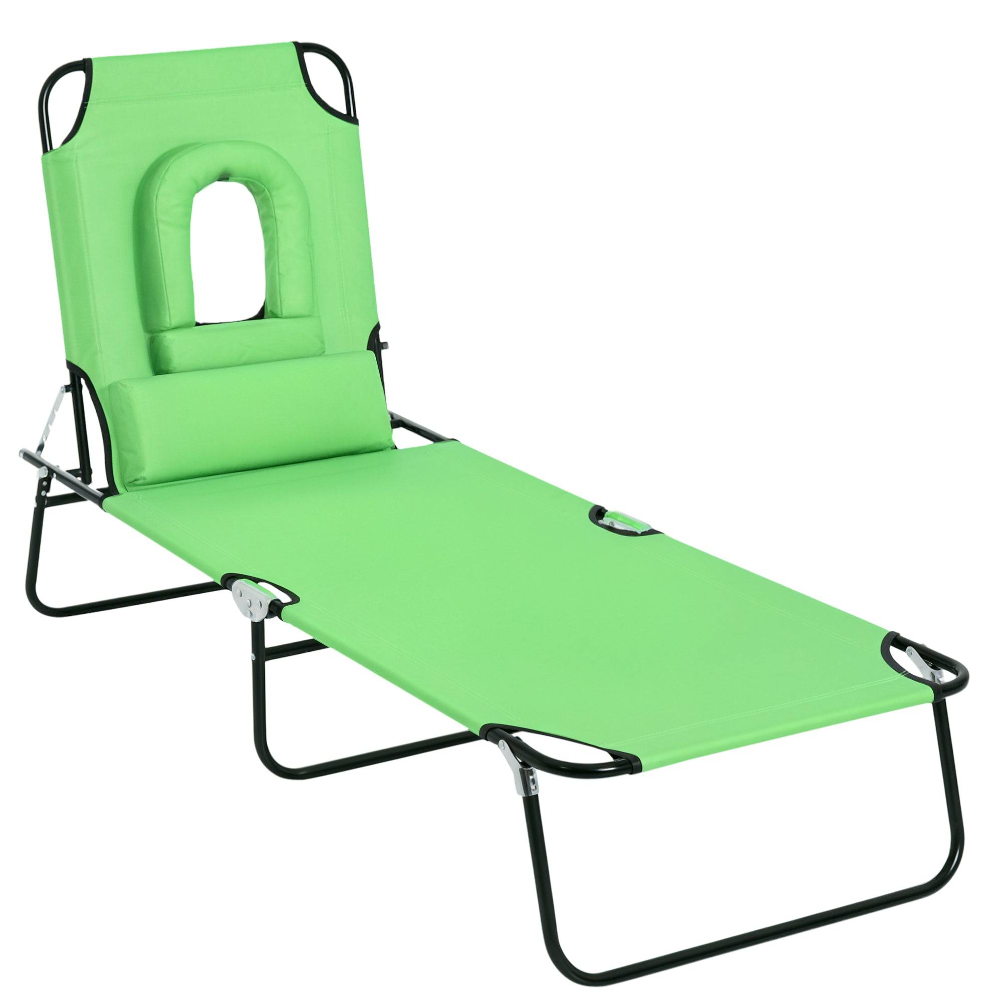Folding Sun Lounger Garden Lounger with Face Hole, Headrest, Lounger with 4-Position Adjustable Backrest, Weather-Resistant Camping Lounger up to 120 kg load-bearing capacity, for Garden Beach Pool, Green