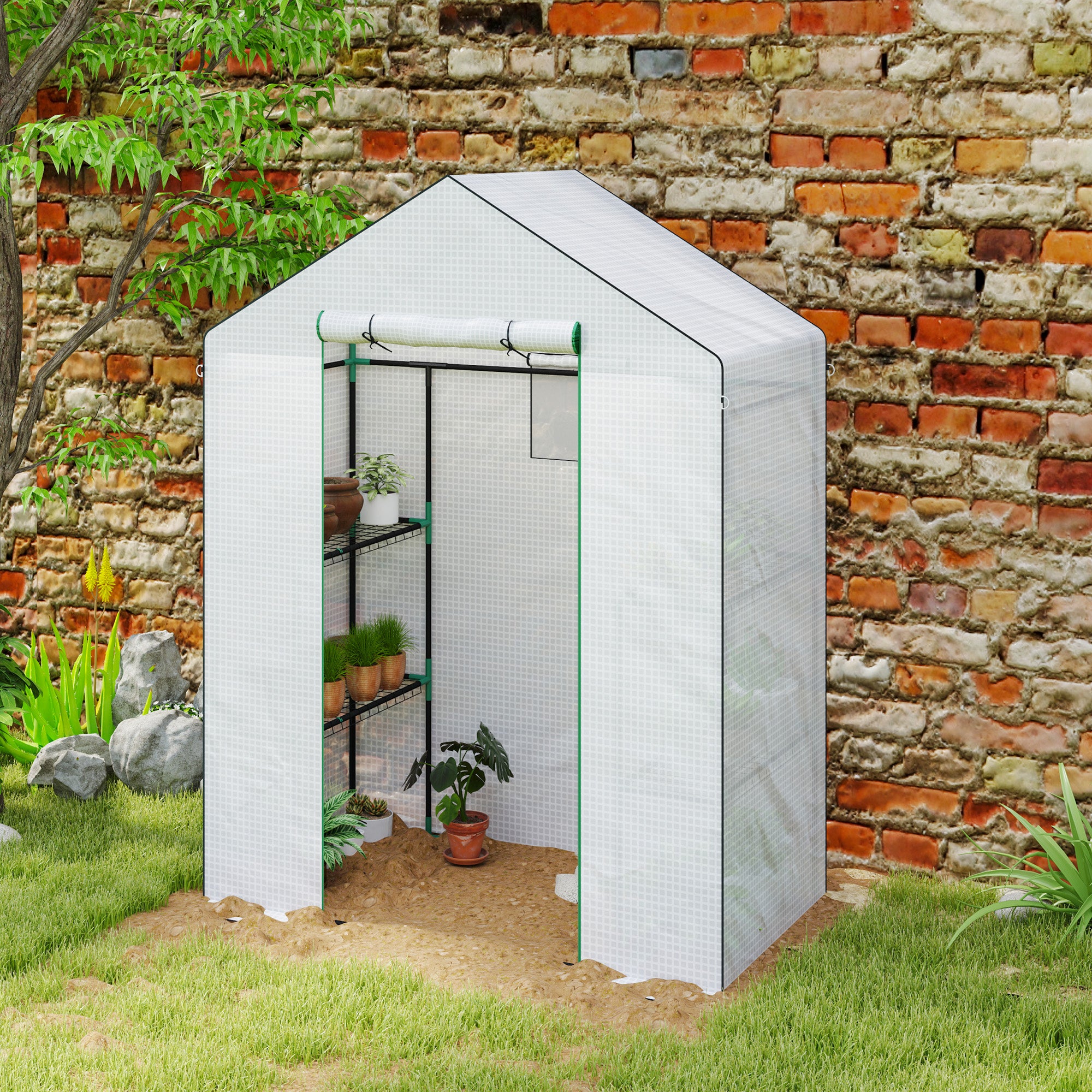 Serre de jardin PE Outsunny avec étagères à 3 niveaux, Serre de balcon, Toile renforcée 135 g/m², Cadre en acier, Porte à fermeture éclair enroulable, pour légumes, plantes et fleurs, 140x73x190 cm, B