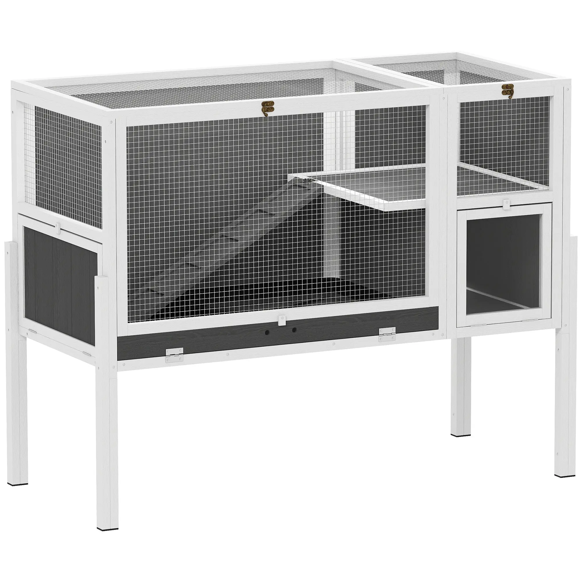 Wooden Rabbit Hutch, Convertible Indoor Small Animal Cage with Removable Legs, Ramp, Deep Pull-Out Tray, 120 x 53 x 93 cm, White & Grey