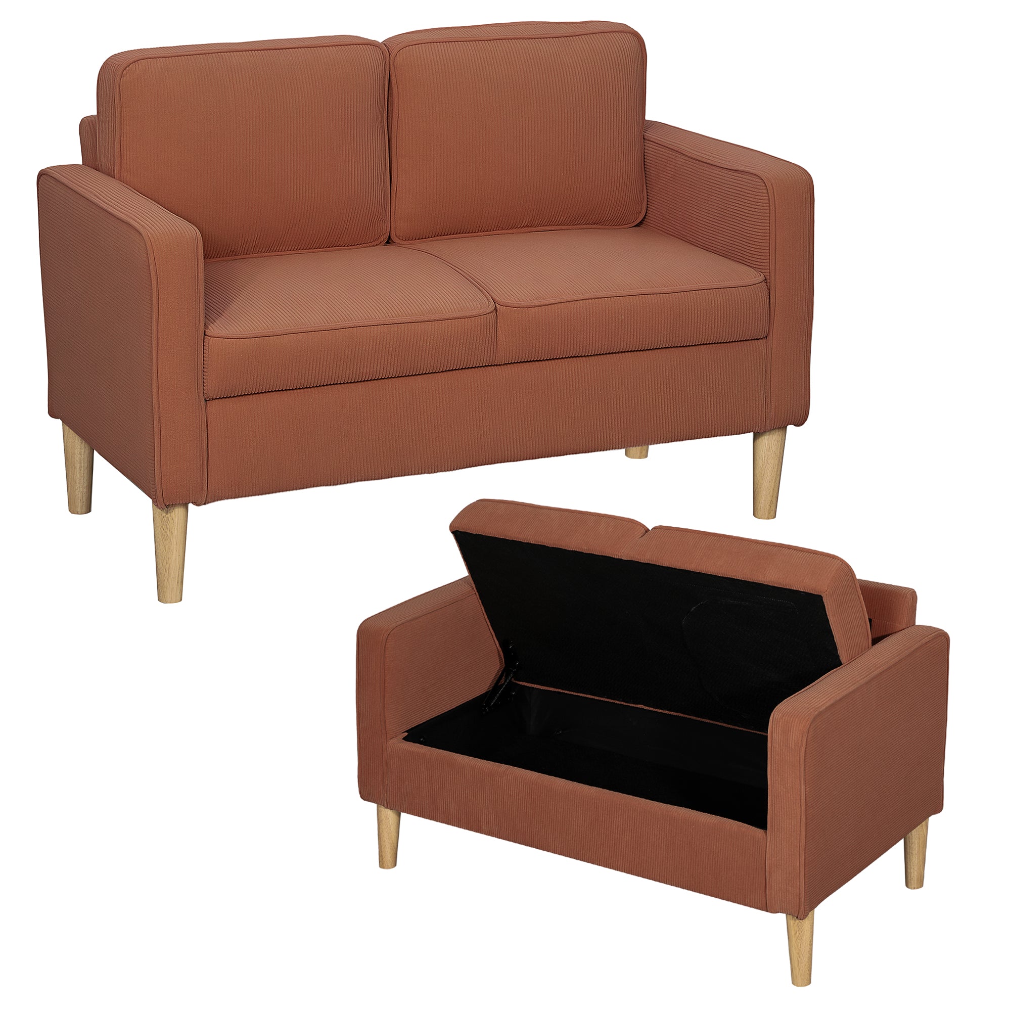 Sofa 2 Seater Small Couch with Armrest, Storage Space, Modern Upholstered Sofa with Corduroy Look, Wooden Legs, Pillows, Loveseat for Living Room, Bedroom, 117 x 63 x 79 cm, Orange