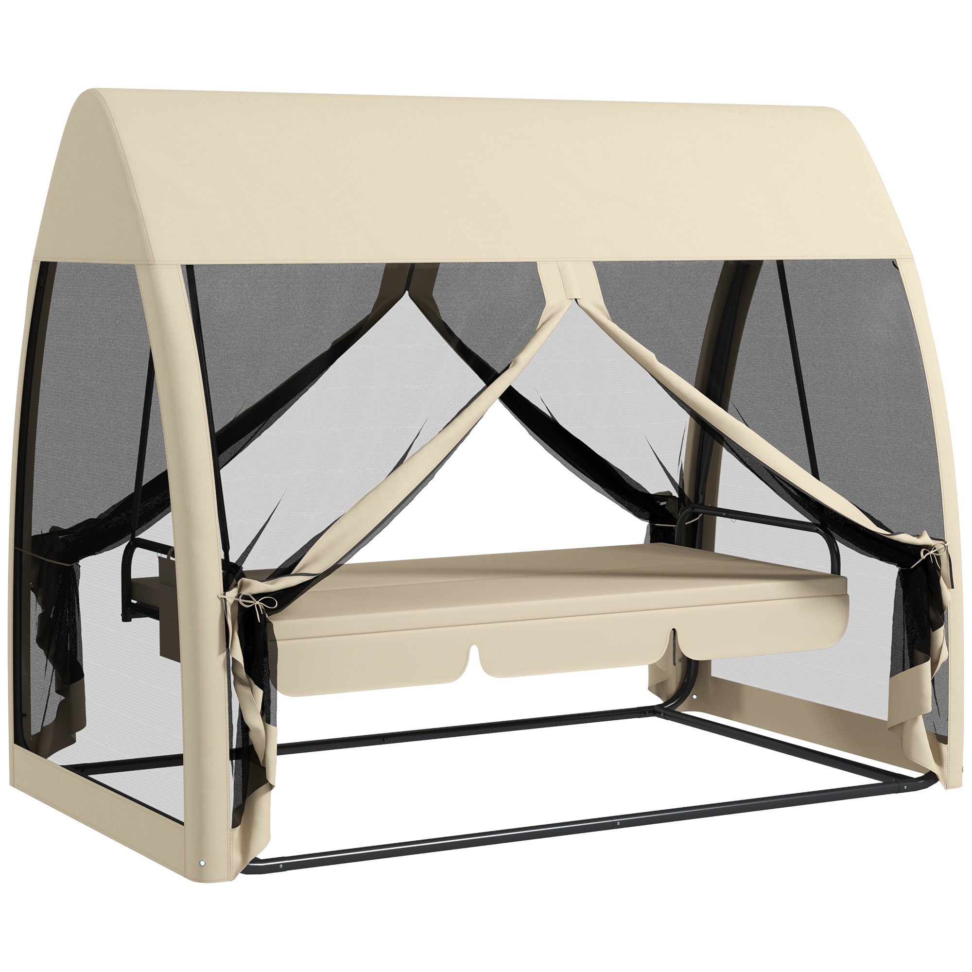 Outsunny 3-sits trädgårdshängmatta som kan omvandlas till säng, med myggnät, metallstruktur som klarar 300 kg, 240x140x197 cm, beige