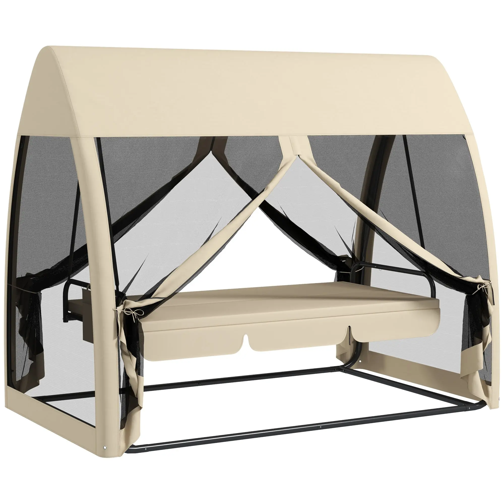 3-Seater Garden Swing Bench Convertible into Bed Swing Bench Outdoor with Mosquito Net Metal Structure Holds 300 kg 240x140x197 cm Beige