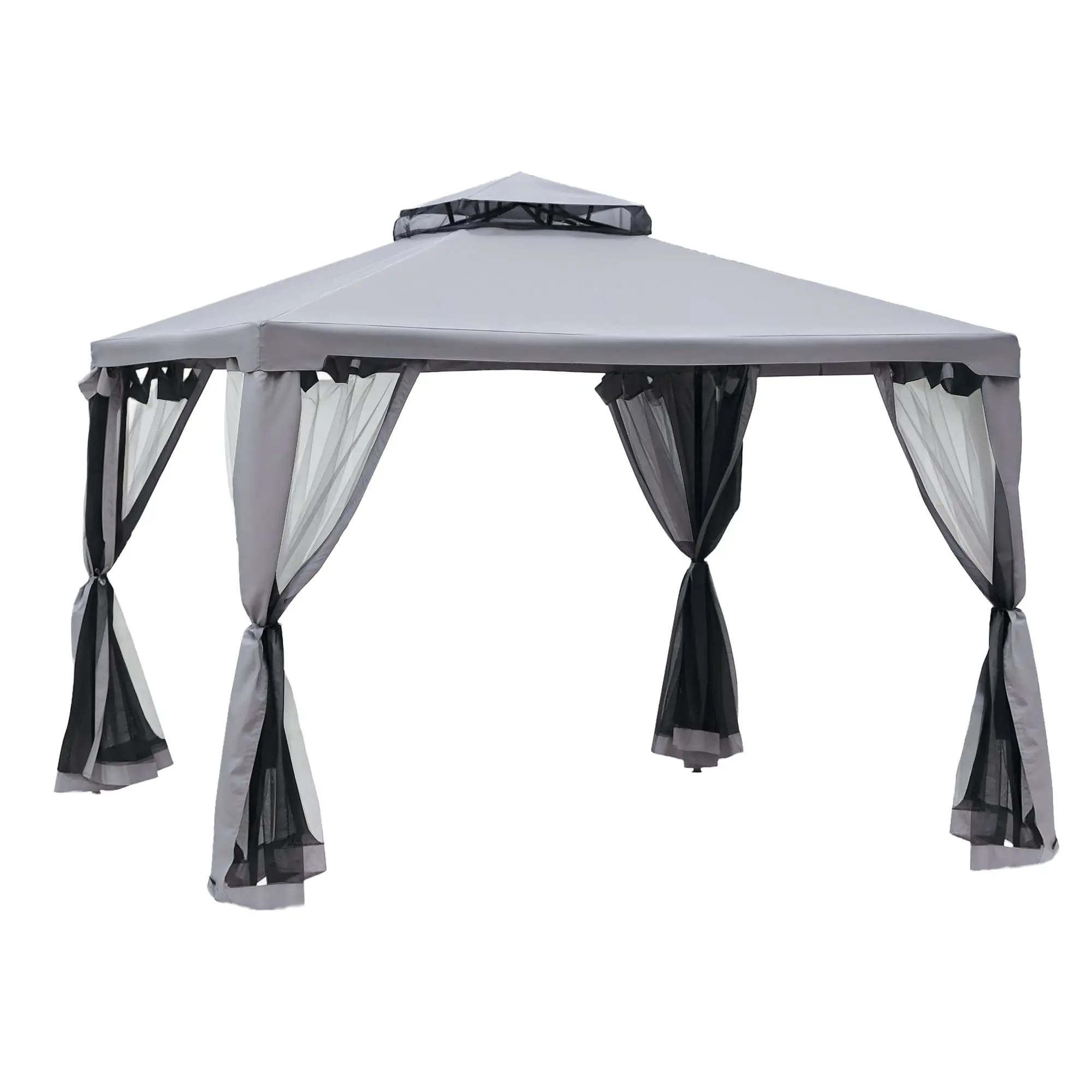 3x3m Gazebo with Mosquito Net Curtains, Double Roof Garden Pavilion, Water-Resistant Canopy, Metal Frame, for Garden, Terrace, Light Gray