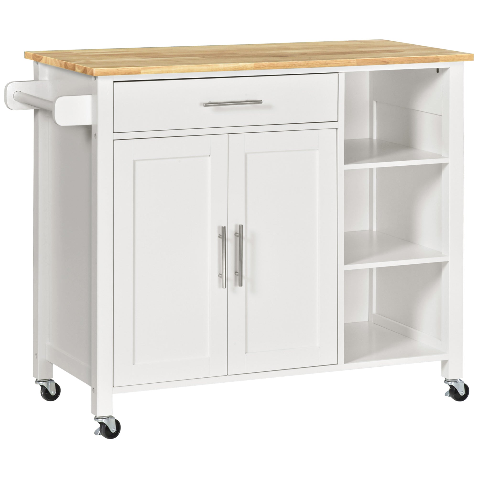 HOMCOM Kökö och Förvaring med Hjul - Kök Storage Cart med 1 Låda, 2 Dörrar, 3 Öppna Hyllor och Sidobord för Matrum 107,5x48x89 cm Vit