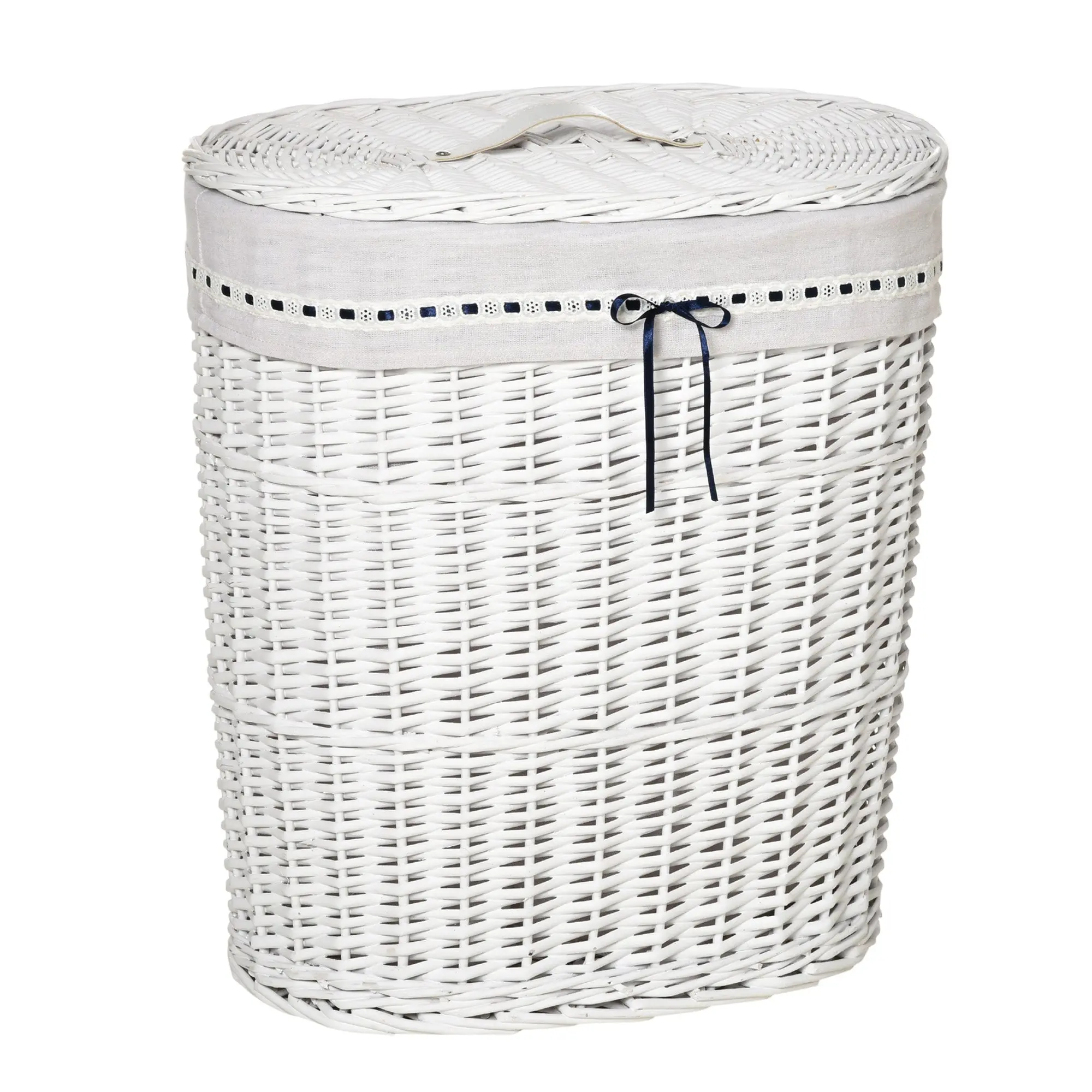 Wicker Laundry Basket with Lid, Washable Fabric Inner Bag, Holds 15kg of Dirty Laundry, White