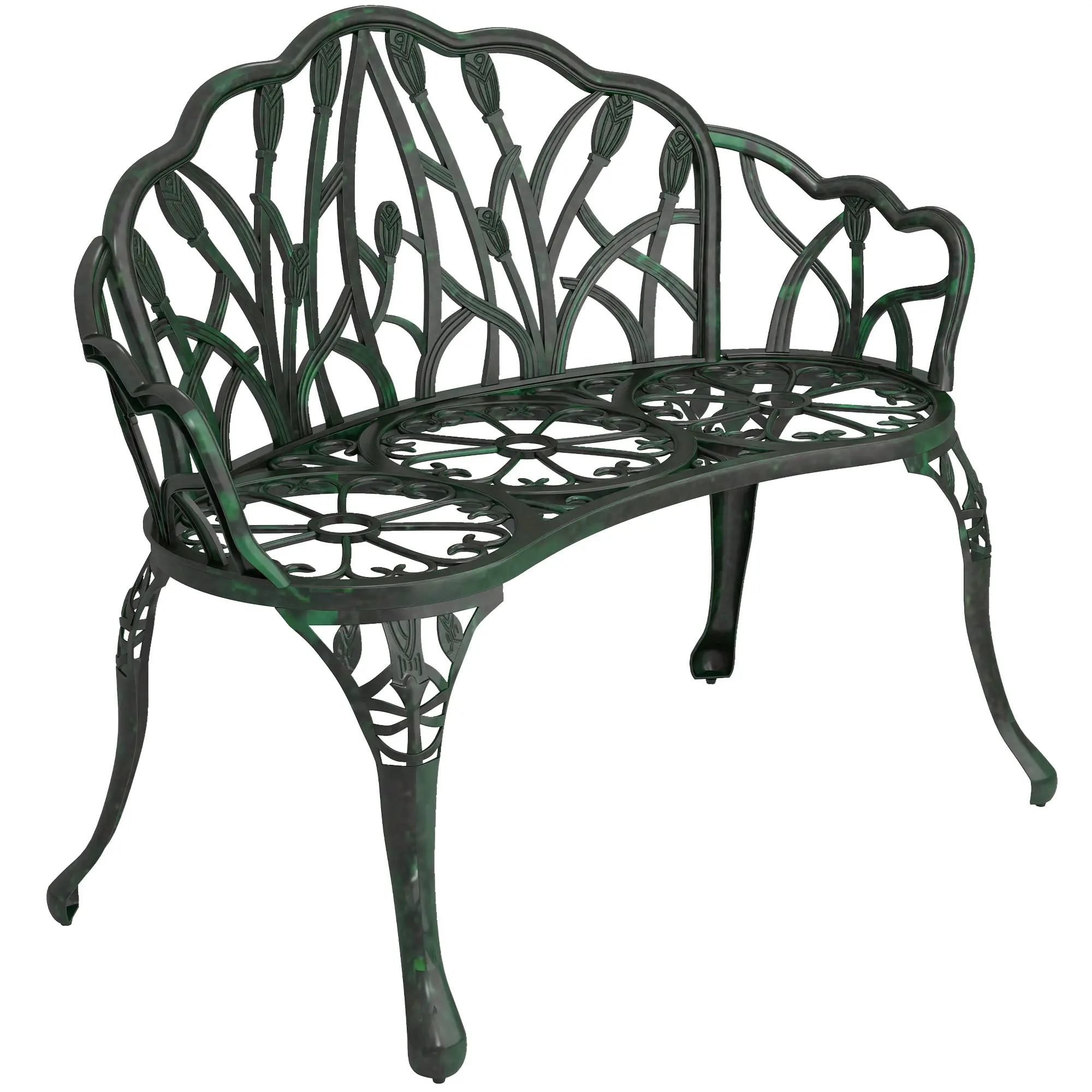 Cast Aluminum Garden Bench, 2-Seat Outdoor Bench with Tulip Back, Floral Seat & Armrests, Rust-Resistant, for Deck/Patio/Lawn – Antique Green, 39 x 22.4 x 30.7 in