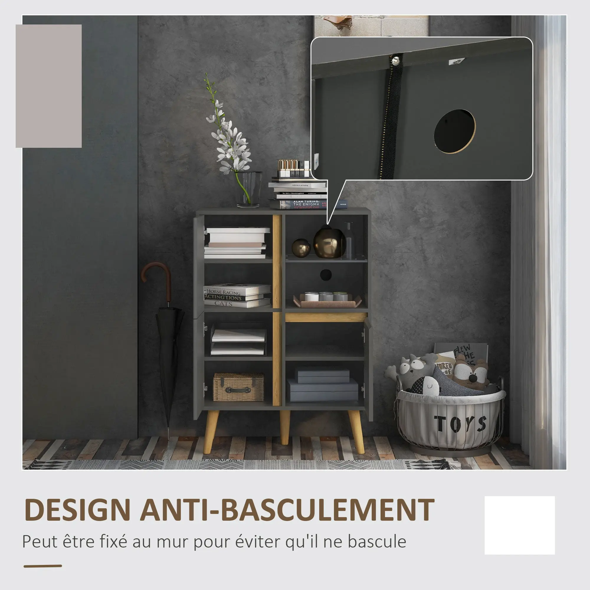 Storage Cabinet, Storage Wardrobe, Dresser, Modern Design, with Adjustable Shelves and Solid Wood Feet for Living Room, Bedroom, Kitchen 70 x 40 x 96.1 cm Dark Gray