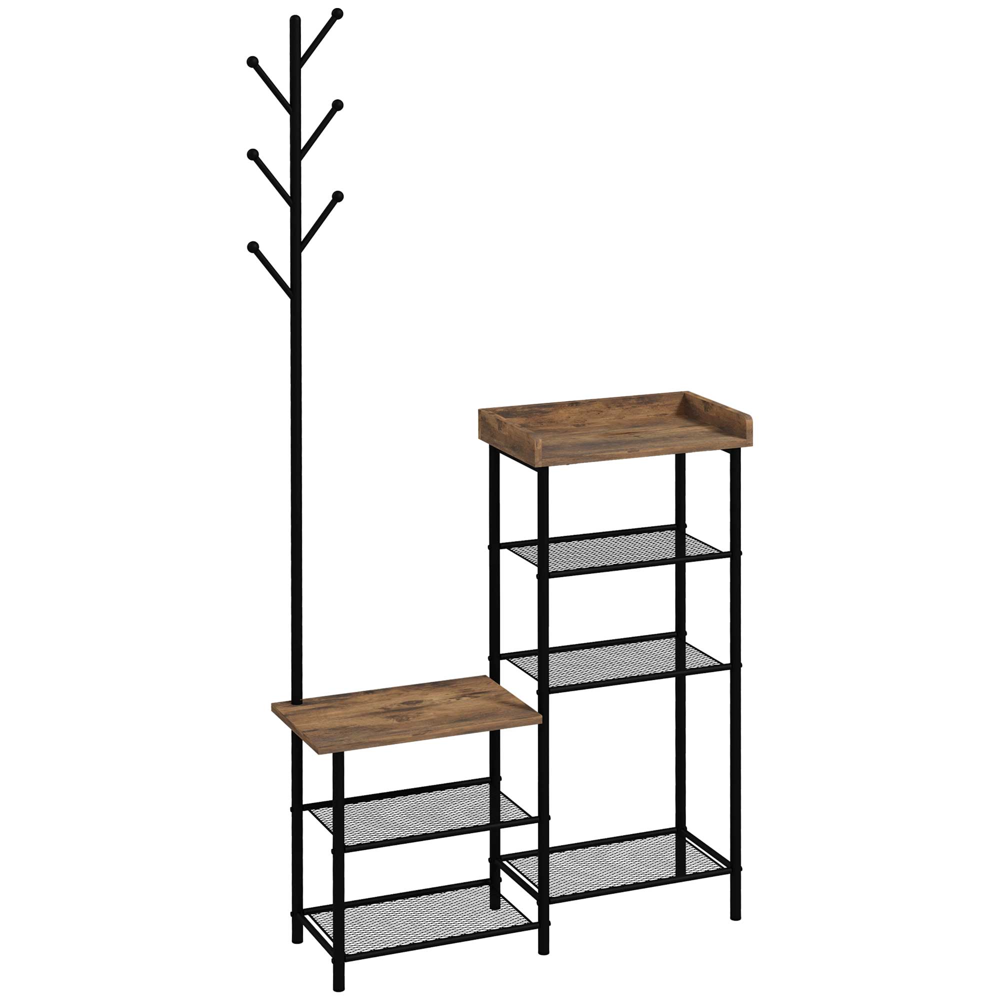 HOMCOM Kabát Akasztó Cipős Rack 5 Polccal, 6 Akasztóval a Táskák és Ruhák Felfüggesztéséhez, Ipari Stílus, 92.5x28.2x182 cm, Rustikus Barna