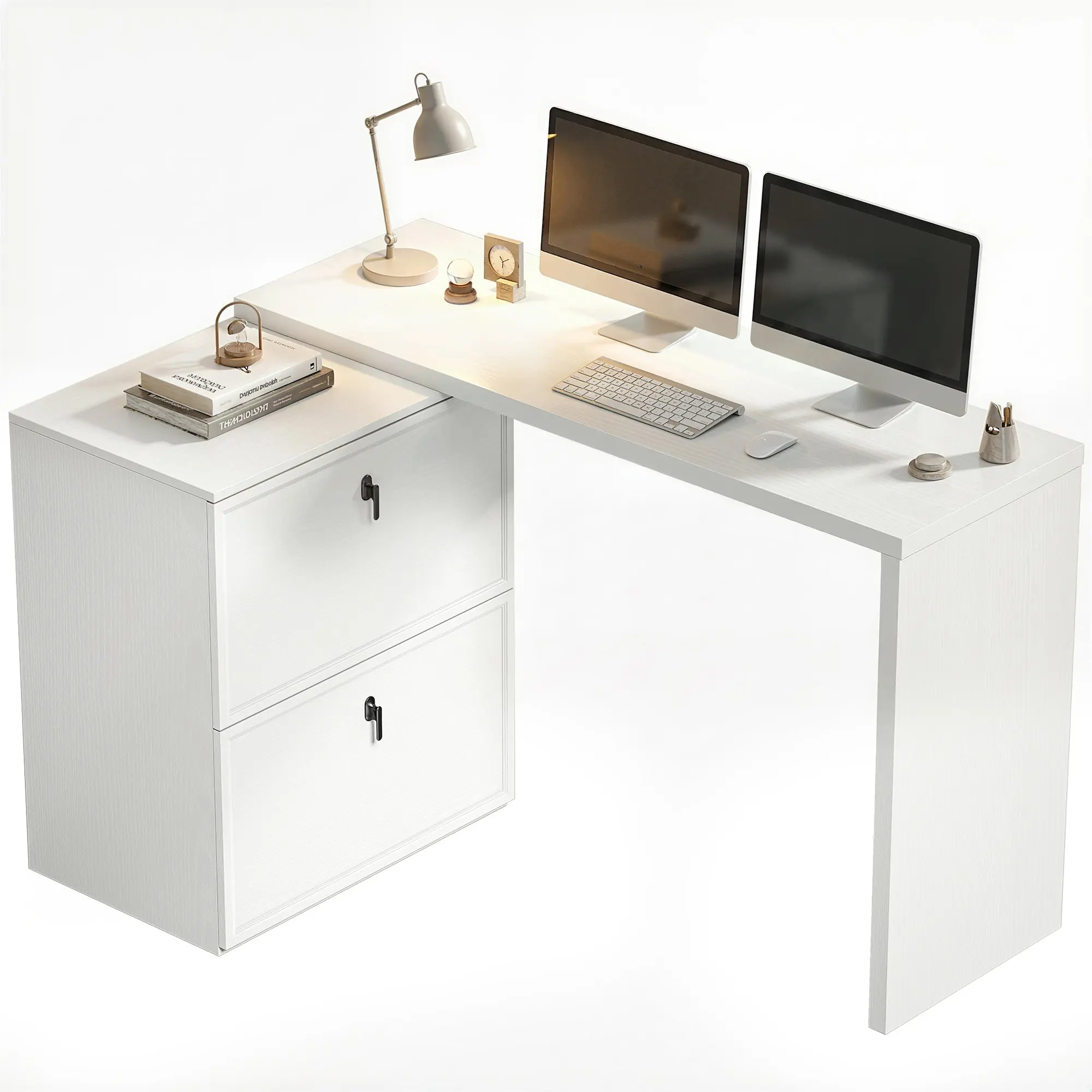 Reversible L-Shaped Desk with 2 Filing Drawers, Modern Design for Small Spaces, Home Office, White