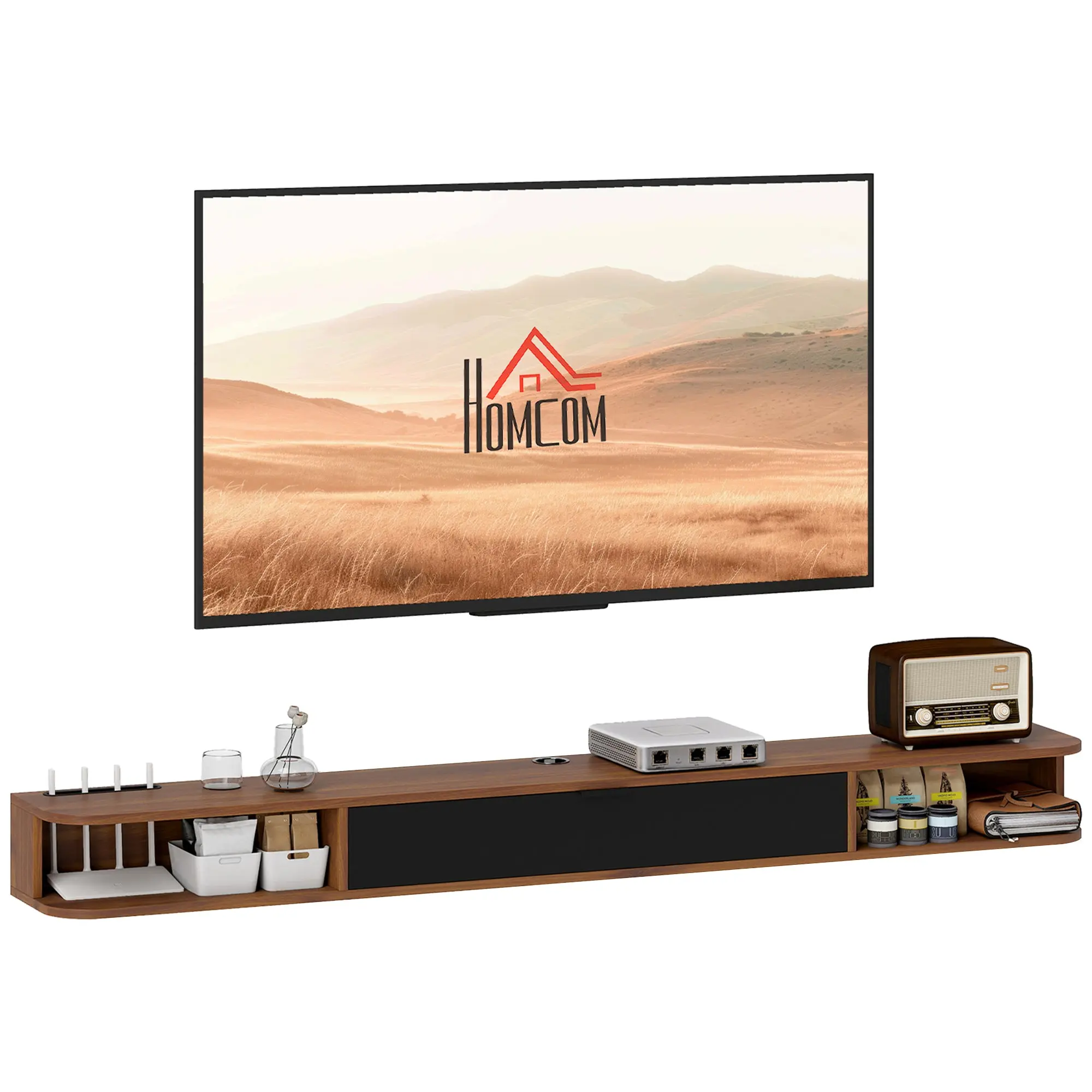 Wall-Mounted TV Cabinet 180 cm (71") – Walnut Finish, Fits up to 75" TVs, Flip-Down Drawer, 2 Open Shelves & Cable Management