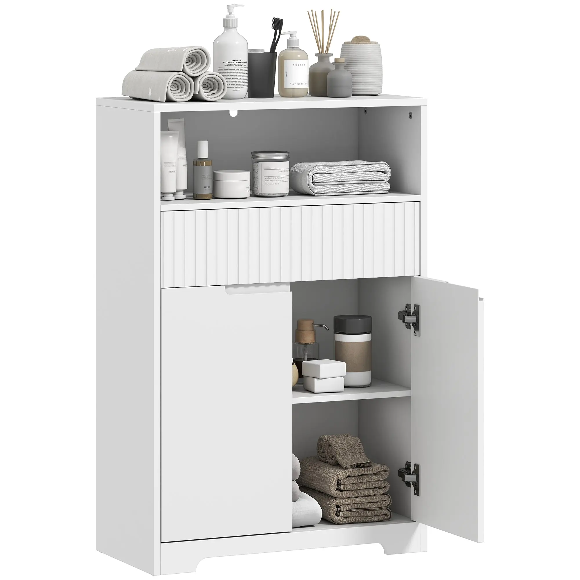 Slim Bathroom Cabinet with Fluted Drawer Front, Open Shelf, 2 Doors & Adjustable Shelf — Modern White (23.6 x 11.8 x 36 in)