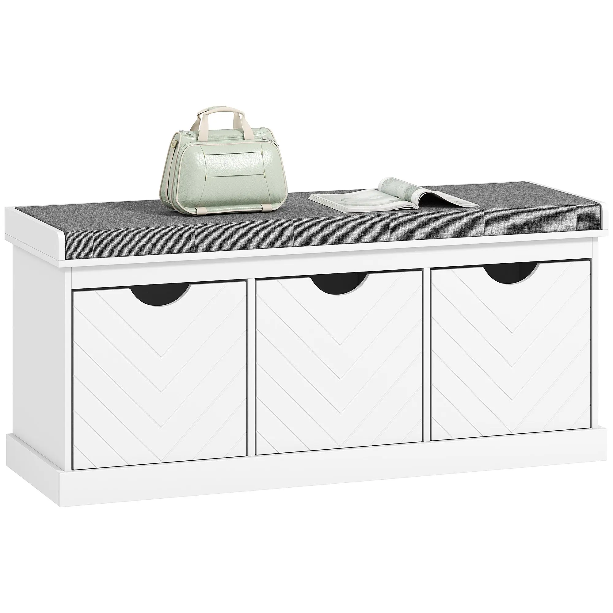 Entryway Shoe Bench with 3 Removable Drawers and Padded Linen-Effect Cushion – Modern Storage Bench, 105 x 35 x 47 cm (41.3 x 13.8 x 18.5 in), White