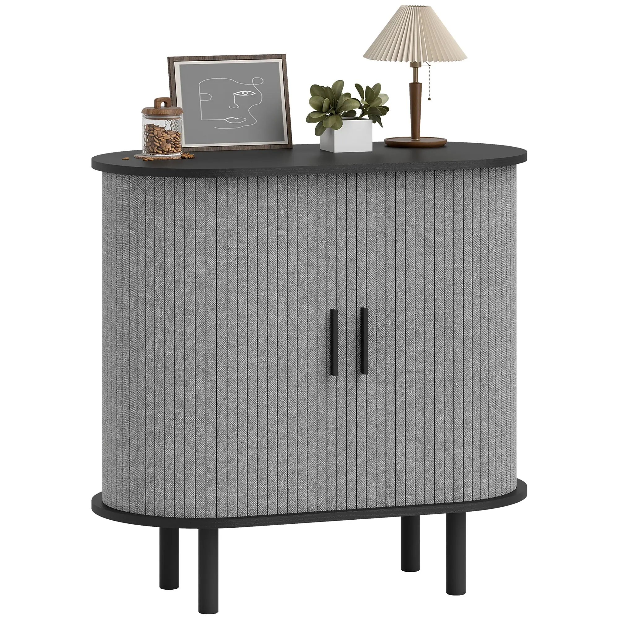 Oval Sideboard with Sliding Tambour Doors, 2 Compartments, Modern Gray — 31.5 in x 15.7 in x 30.7 in (80 x 40 x 78 cm)