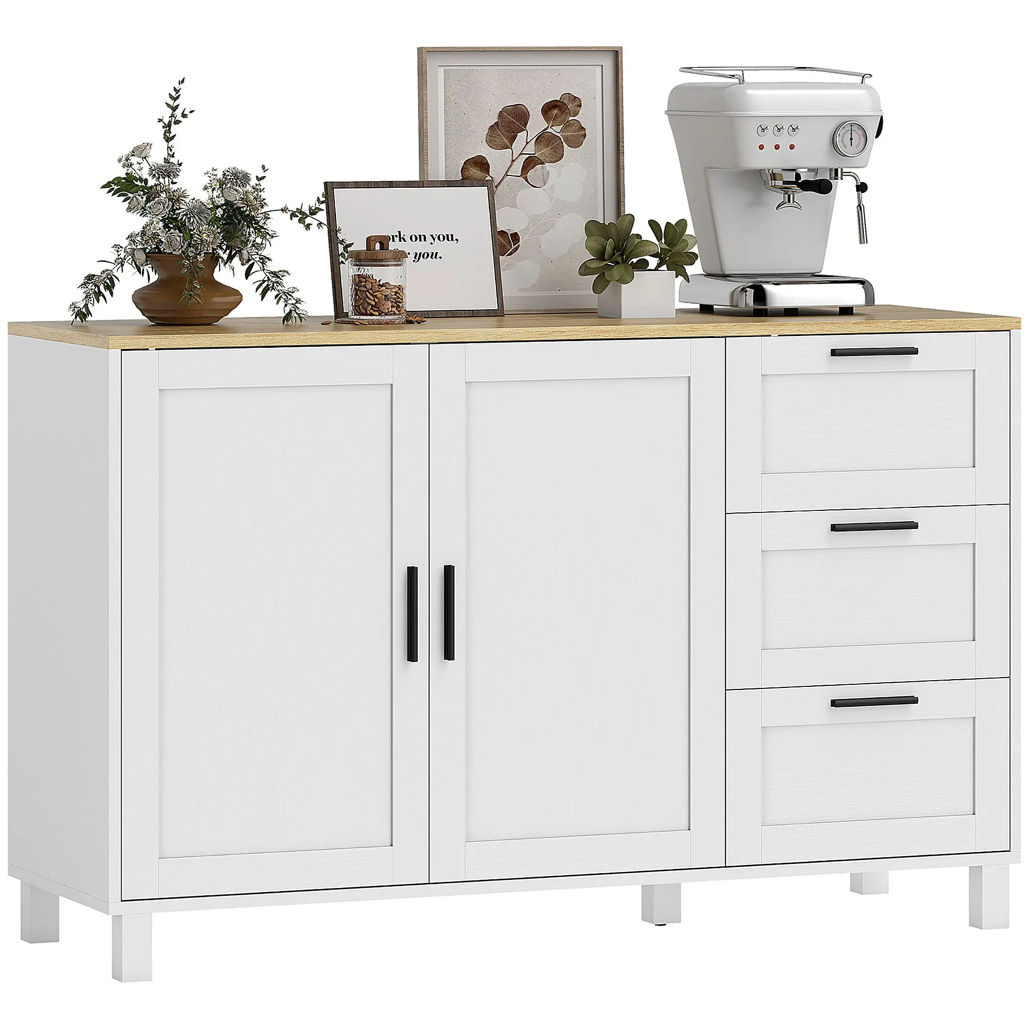 Sideboard with Soft-Close Doors, Modern Storage Cabinet with 3 Drawers, Adjustable Shelf and 5 Legs, Living Room Cabinet 47.2 x 15.0 x 29.9 in, White