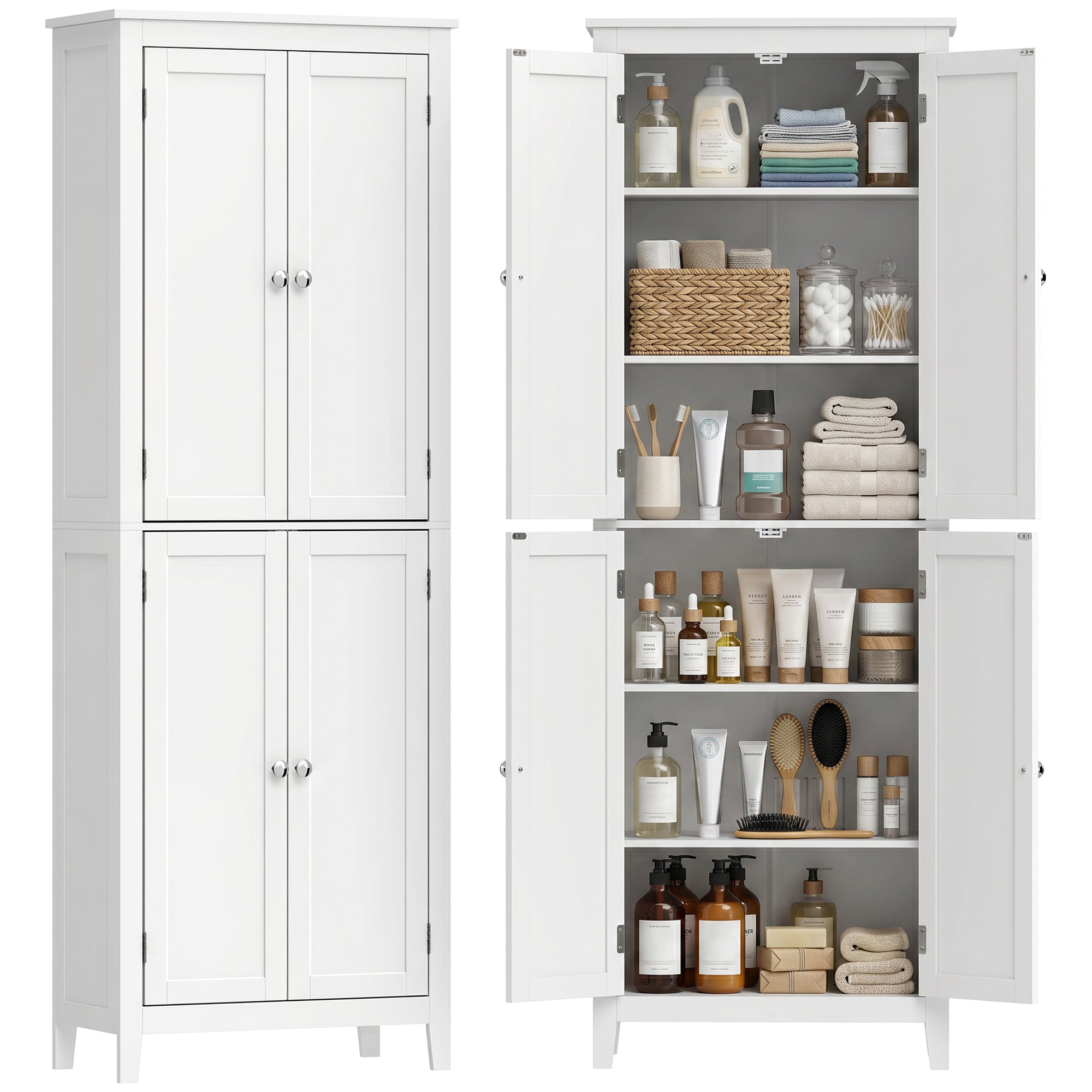 Tall Bathroom Storage Cabinet – 4-Door Column with Adjustable Shelves, 23.6 x 11.8 x 66.9 in, White