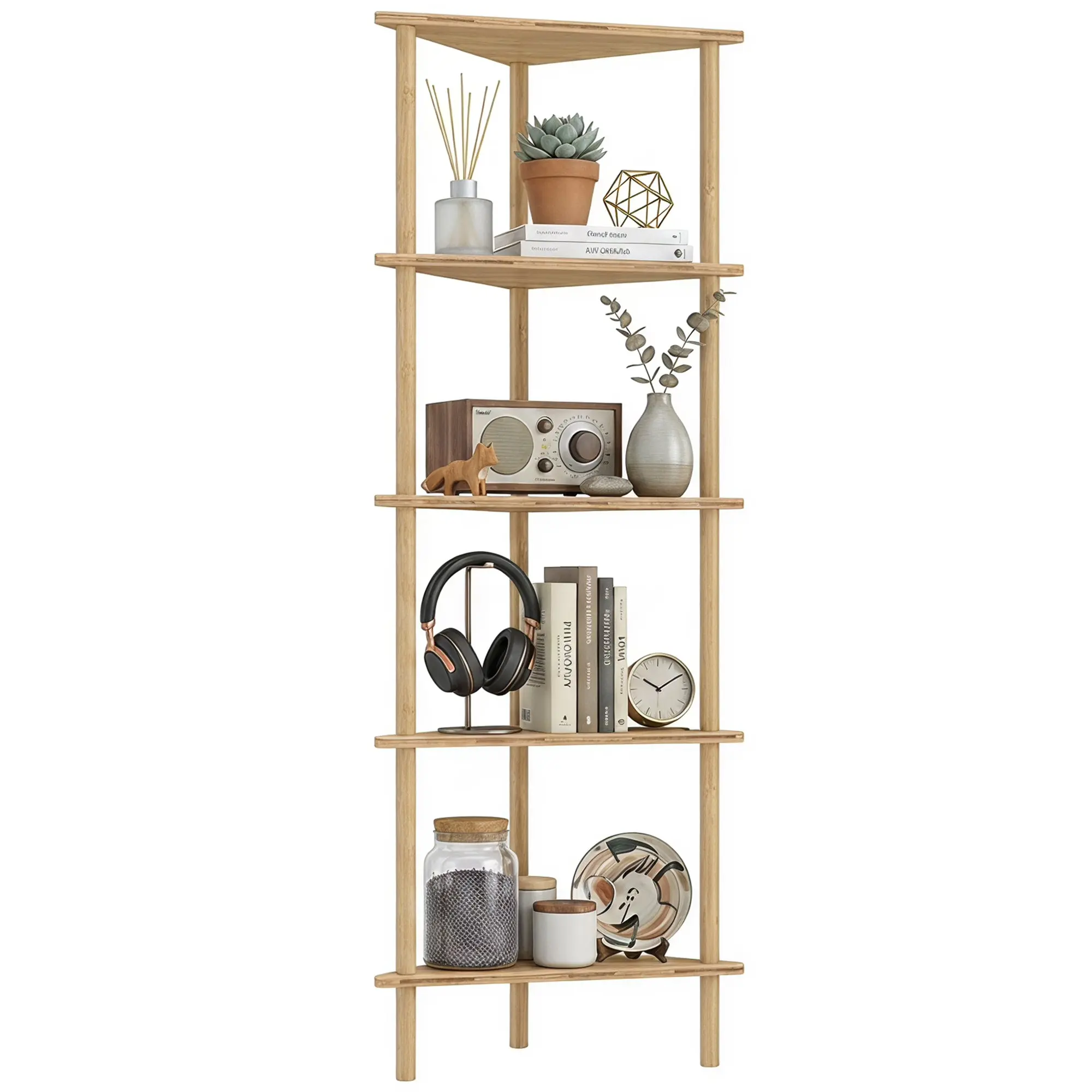 5-Tier Bamboo Corner Shelf — Freestanding Space-Saving Organizer for Bathroom, Living Room, Bedroom, 16.3x8.5x44.9 in (41.5x21.5x114 cm), Natural Wood