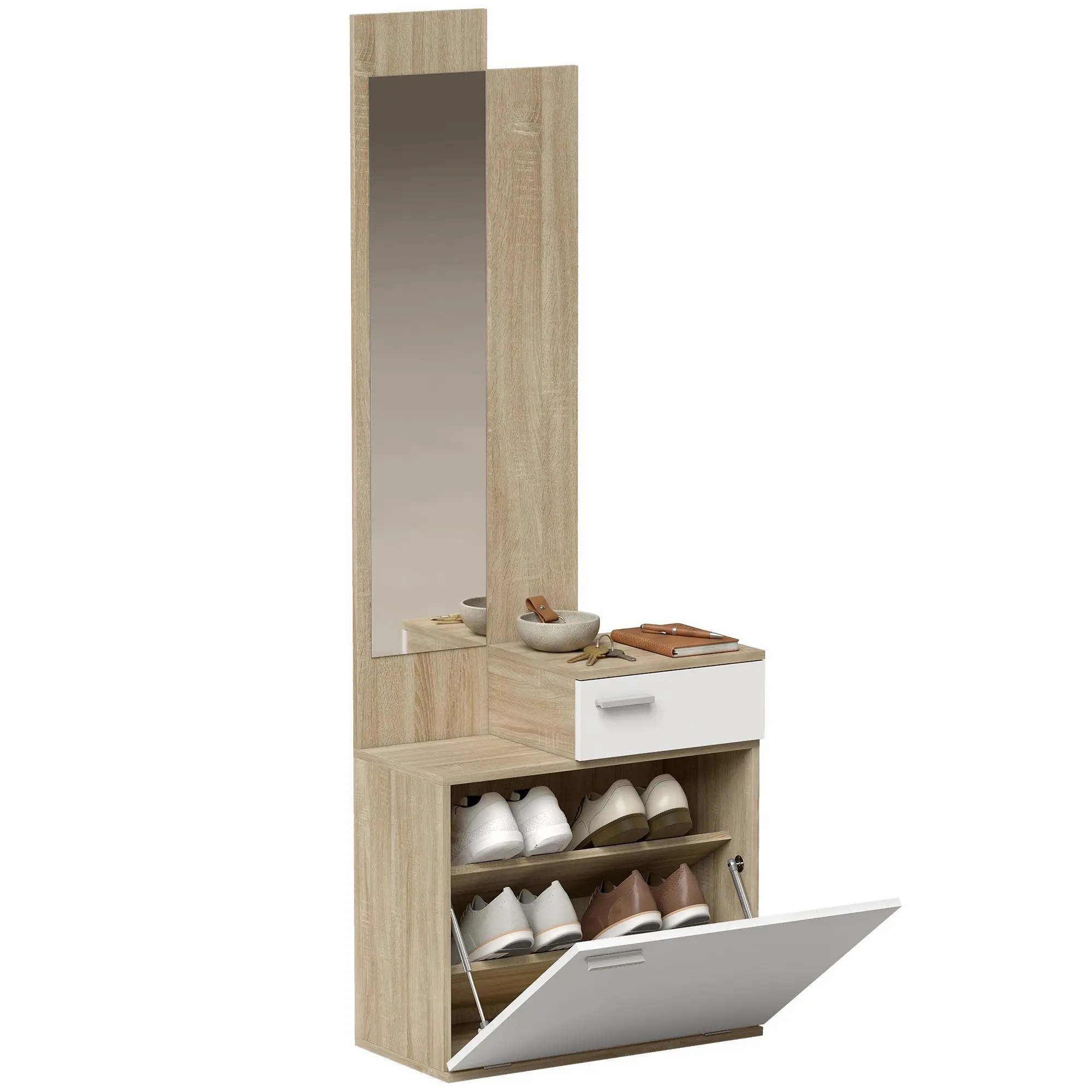 Entryway Unit with Mirror & Flip-Down Shoe Cabinet, 2-Piece Hall Organizer with Seat, Drawer & Small Table, 61 x 30 x 170 cm (24 x 11.8 x 66.9 in), White/Natural