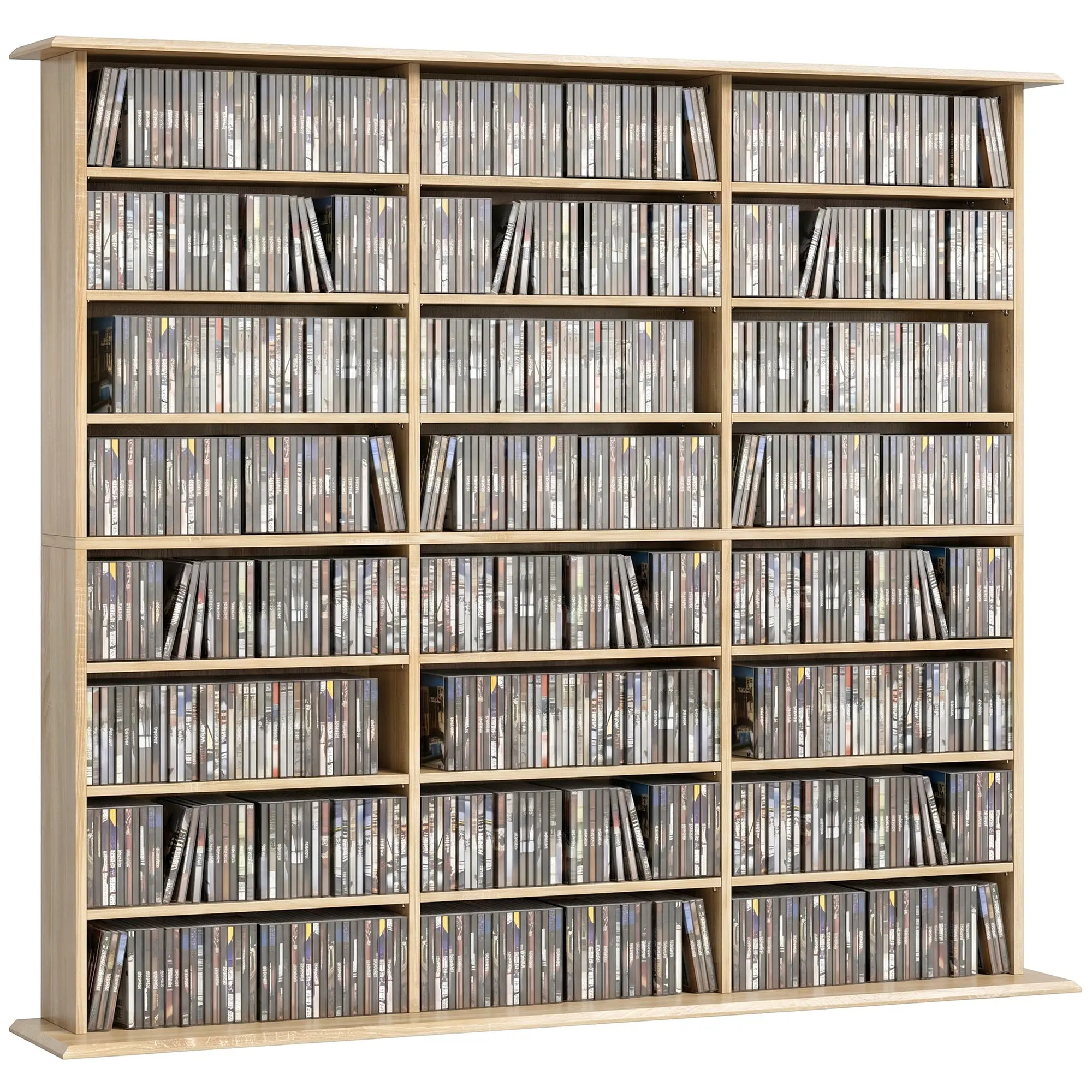 CD & DVD Storage Cabinet, Multimedia Organizer — Holds up to 1,032 CDs / 594 DVDs & Blu-ray, 24 Compartments, 18 Adjustable Shelves, for Living Room or Bedroom, 57.1 x 9.4 x 49.8 in, Oak