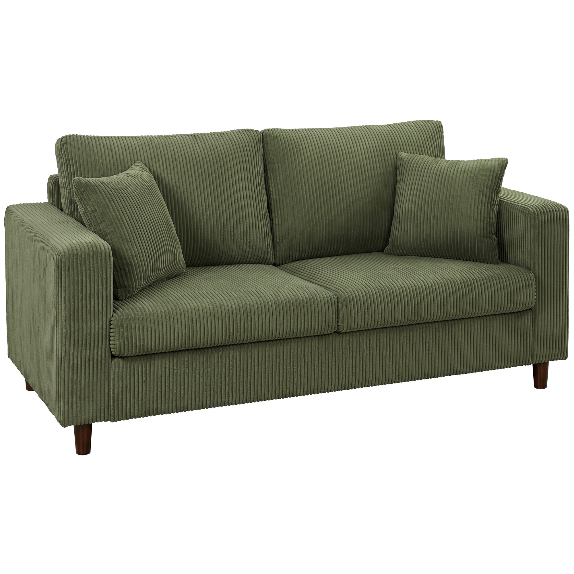 2-Seater Ribbed Velvet Sofa — Wide Deep Seat, Thick Pocket-Spring Cushioning, Wide Armrests, 2 Cushions, Rubberwood Legs, 67 x 31.5 x 32.3 in (170 x 80 x 82 cm), Green