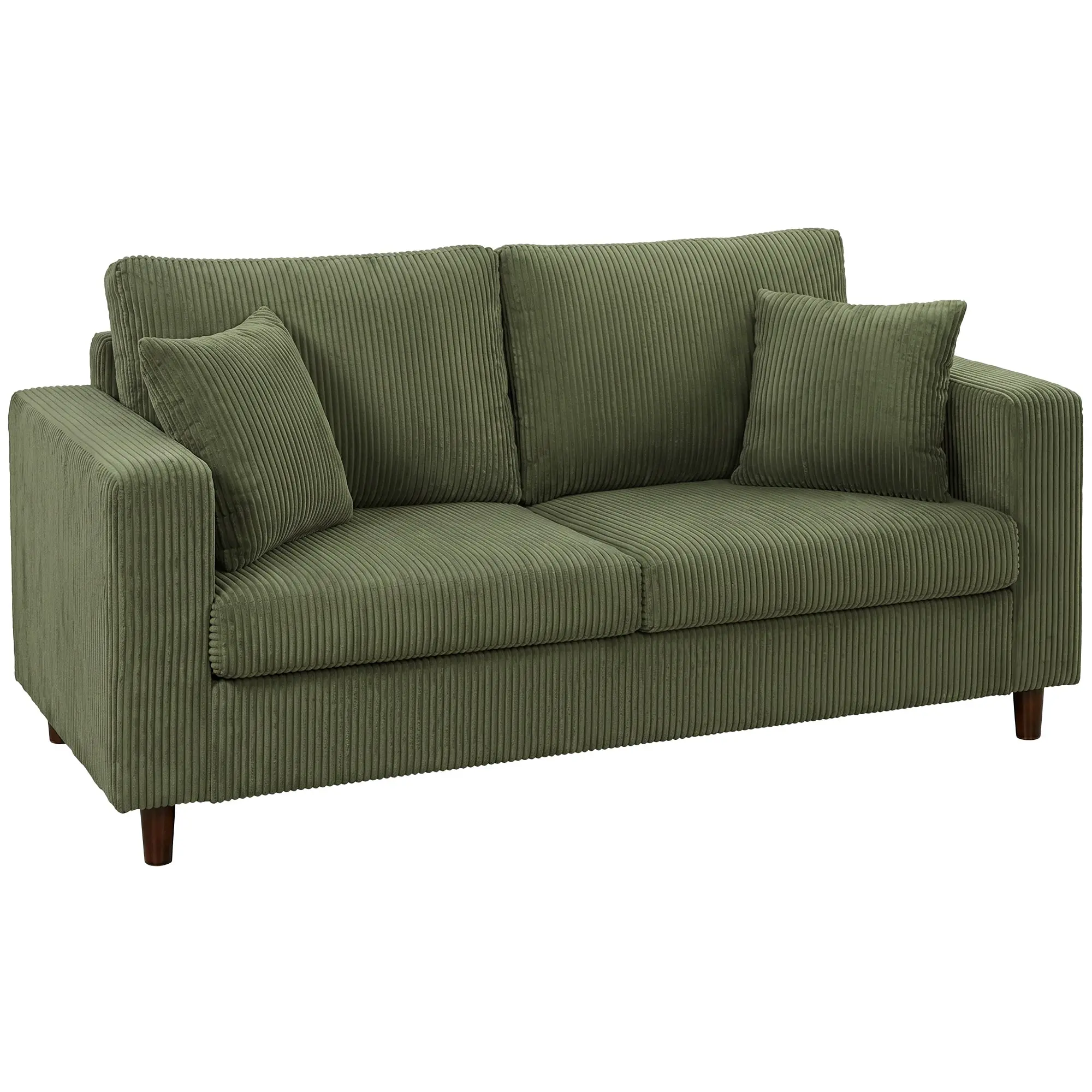 2-Seater Ribbed Velvet Sofa — Wide Deep Seat, Thick Pocket-Spring Cushioning, Wide Armrests, 2 Cushions, Rubberwood Legs, 67 x 31.5 x 32.3 in (170 x 80 x 82 cm), Green