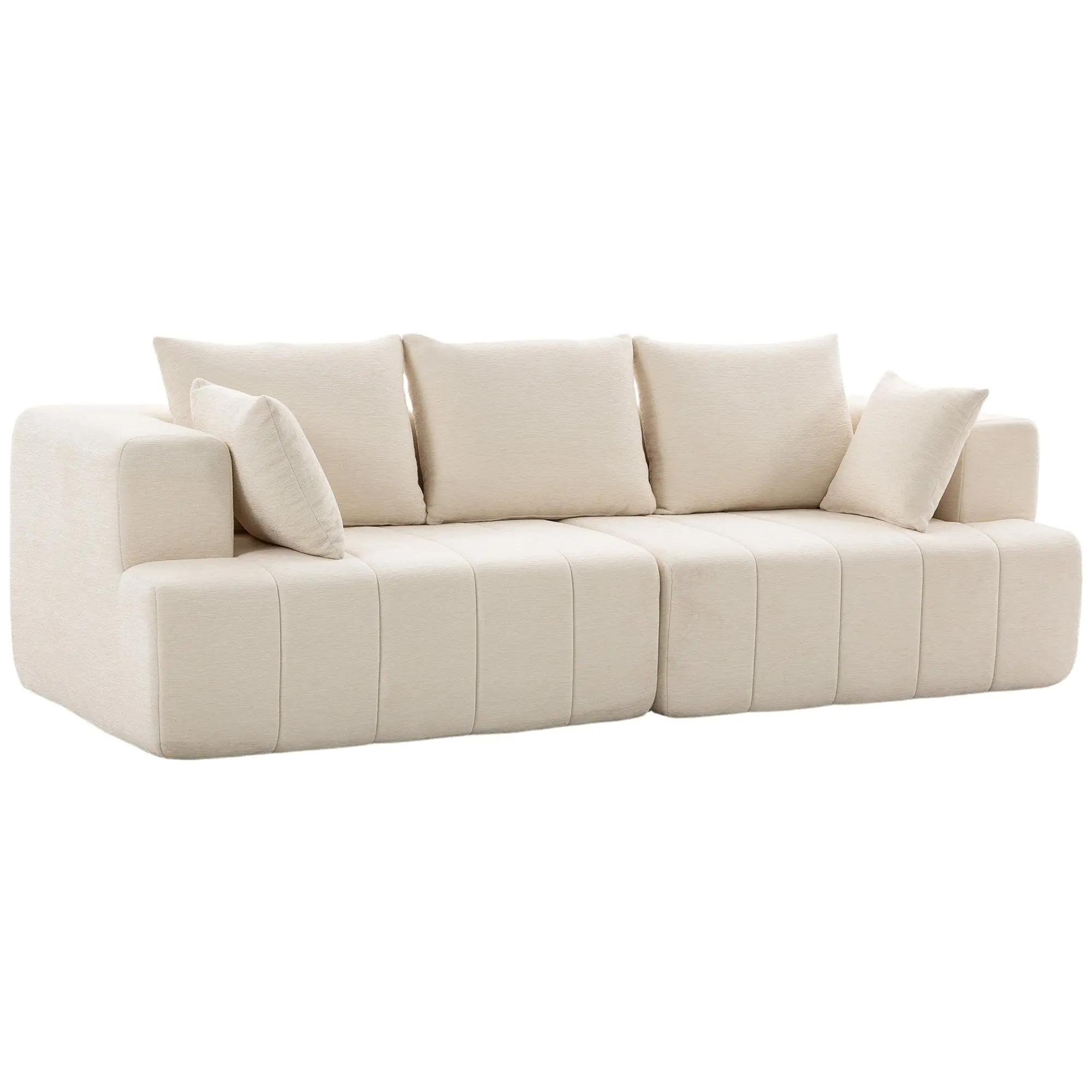 3-Seater Chenille Sofa, 98 in Wide Modern Living Room Couch with Thick Padded Seat, Pocket Springs, Wide Armrests, 2 Cushions, Non-Slip Base – Beige