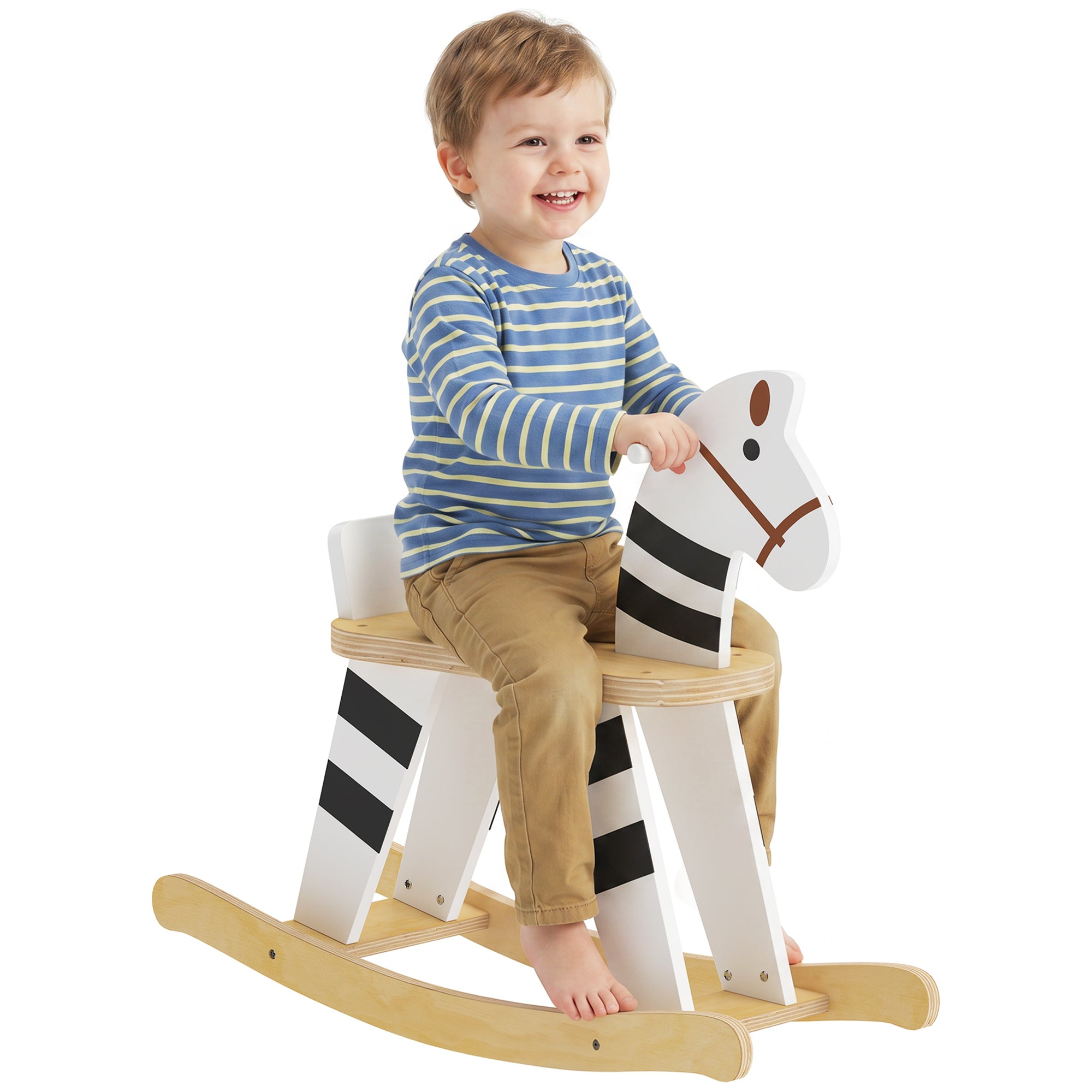 Rocking Horse for Kids with Wooden Base and Backrest, Easy Assembly, Gift for Boys & Girls 18–36 Months, Black & White