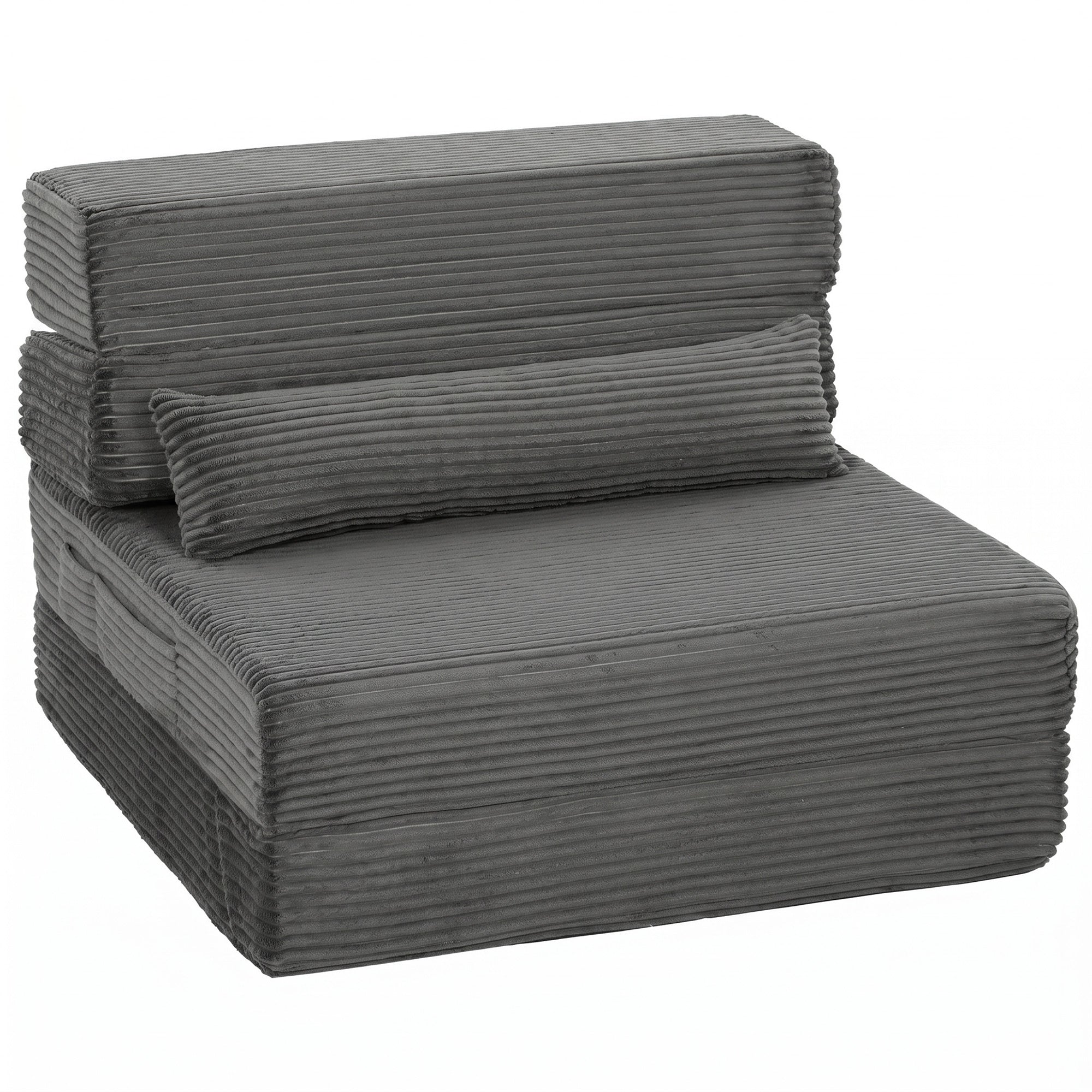 Floor Chair with Back Support, Corduroy Folding Sofa Bed, Boneless Cloud Gaming Chair with Thick Padding, Lumbar Pillow & Side Pockets for Living Room & Bedroom, Dark Gray