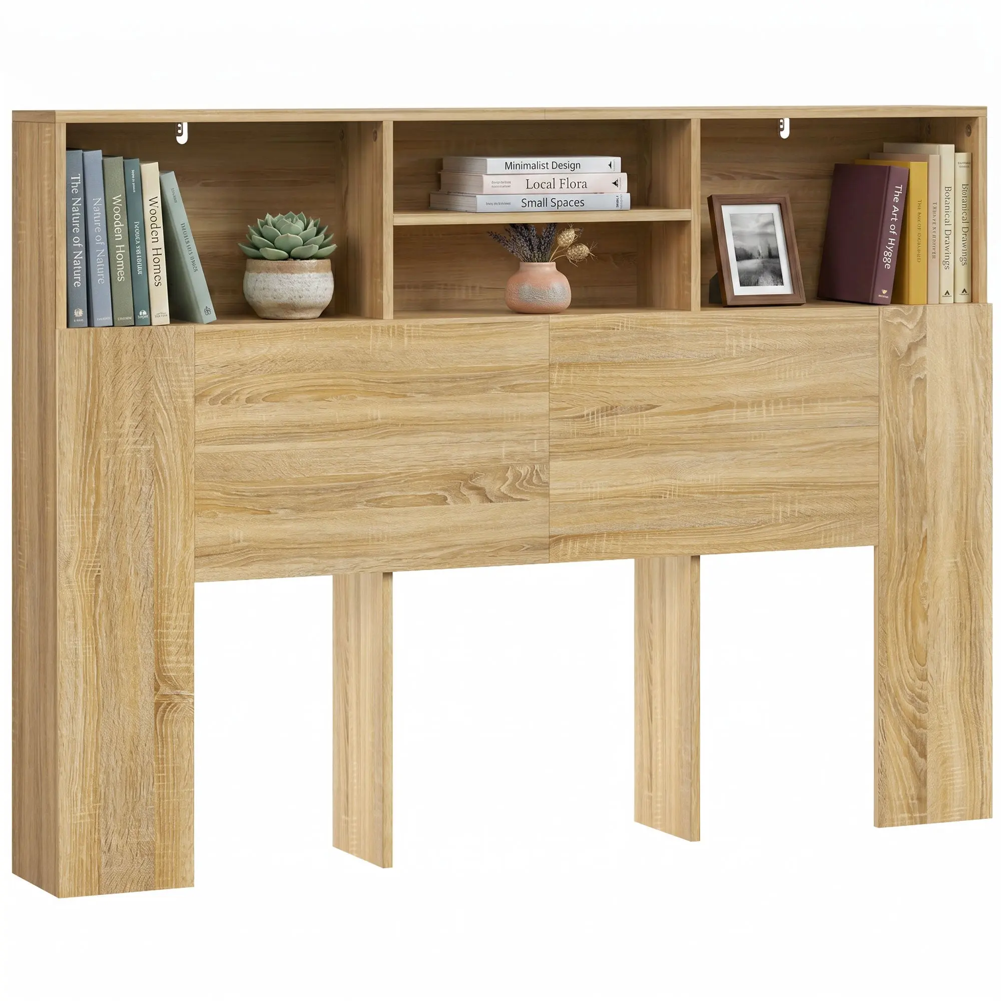 140 cm (55") Headboard with Storage — 4 Open Compartments, Modern Oak Finish